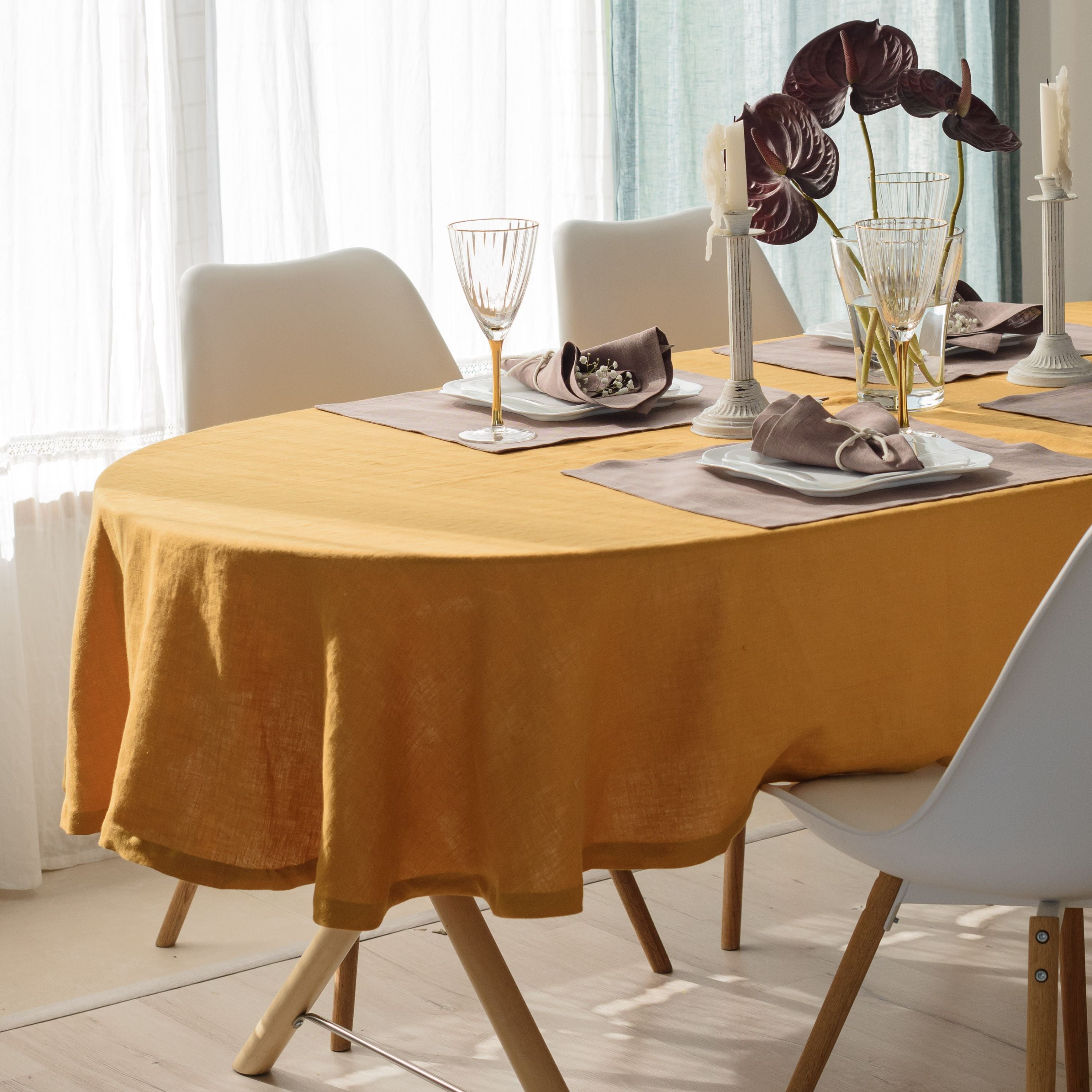 Mustard Linen Oval Tablecloth