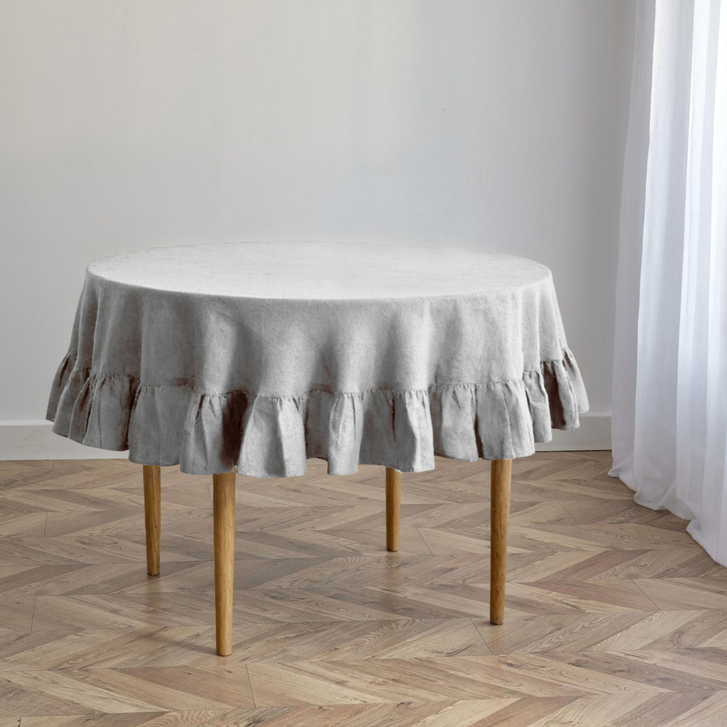 Light Gray Linen Round Tablecloth with Ruffled