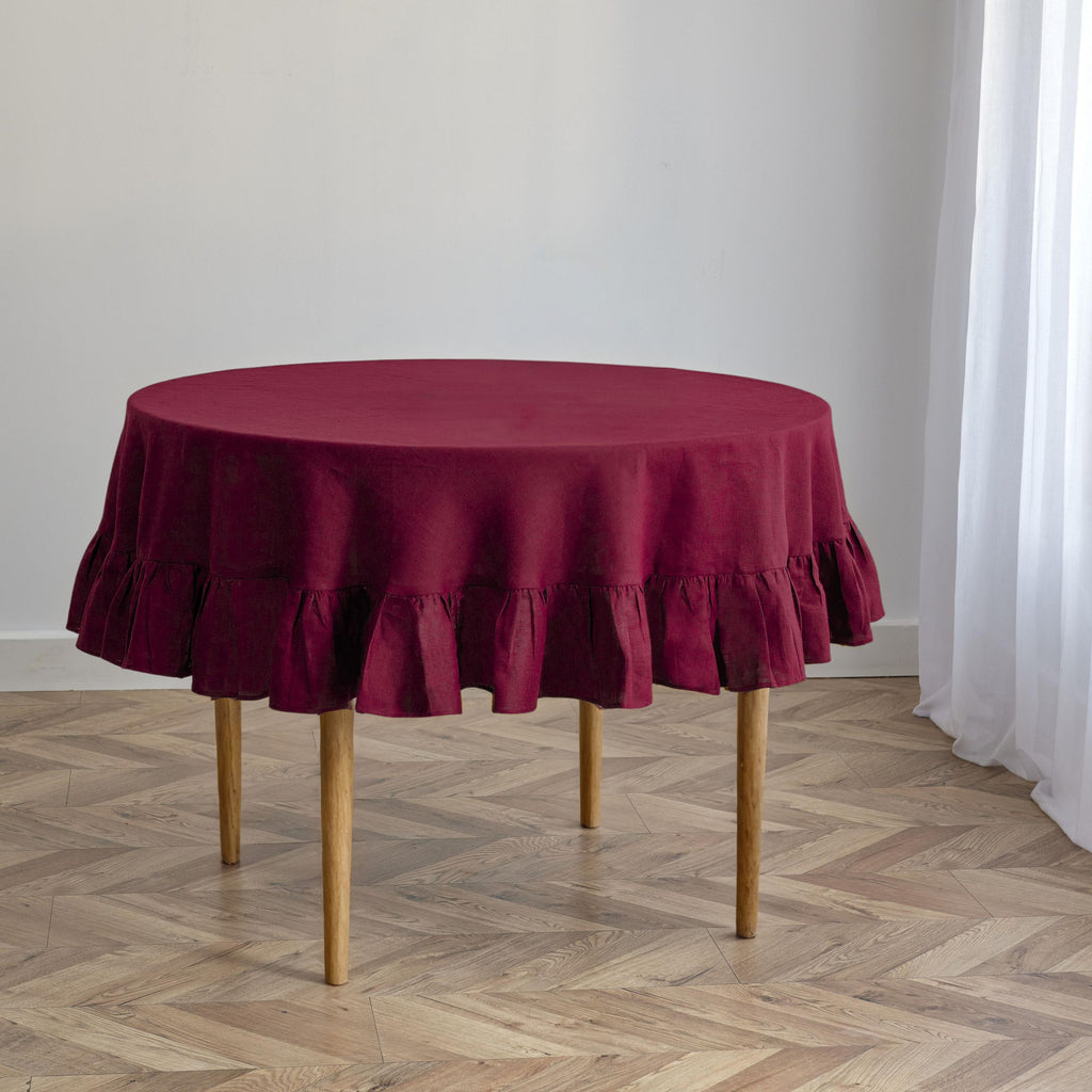 Burgundy Linen Round Tablecloth with Ruffles