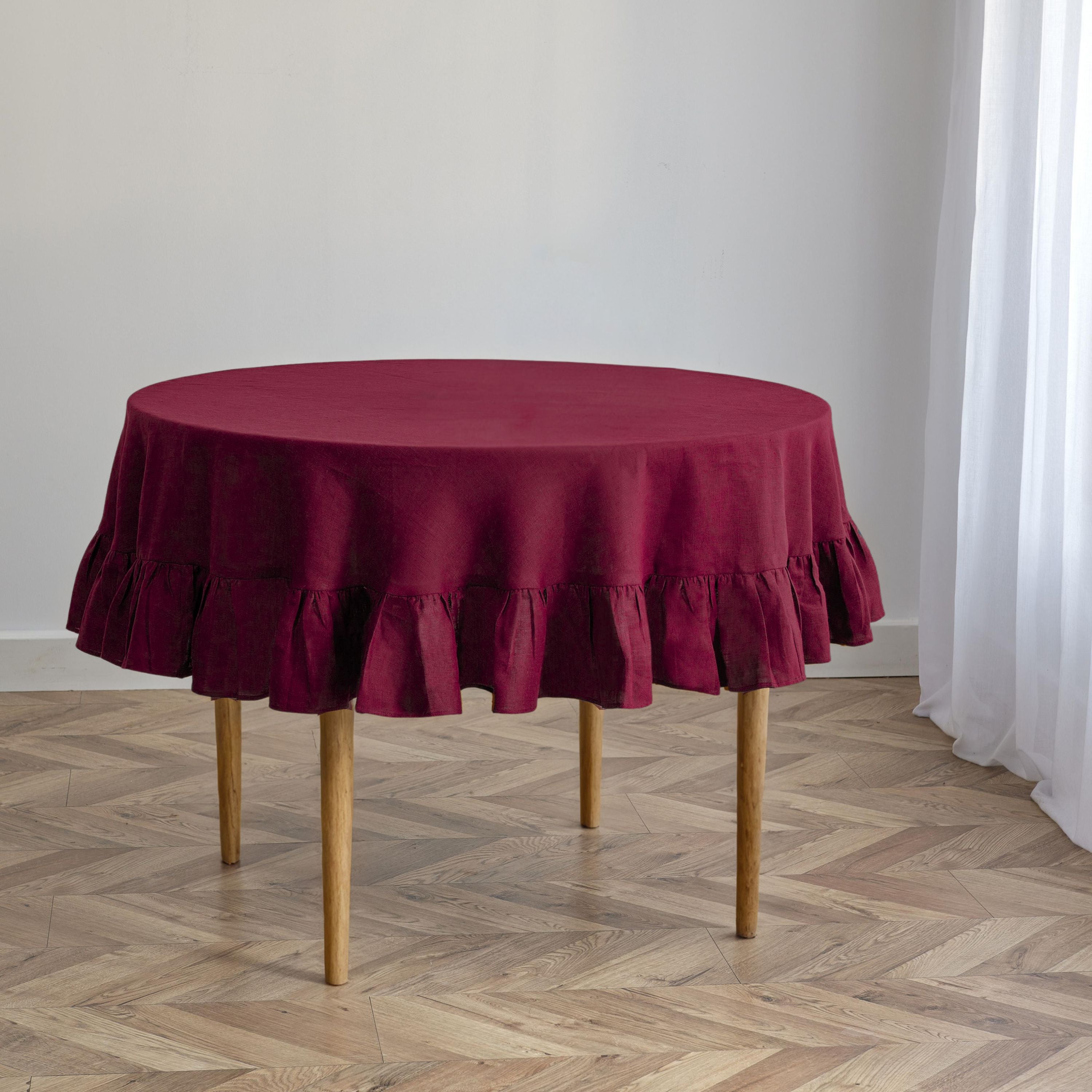 Burgundy Linen Round Tablecloth with Ruffles