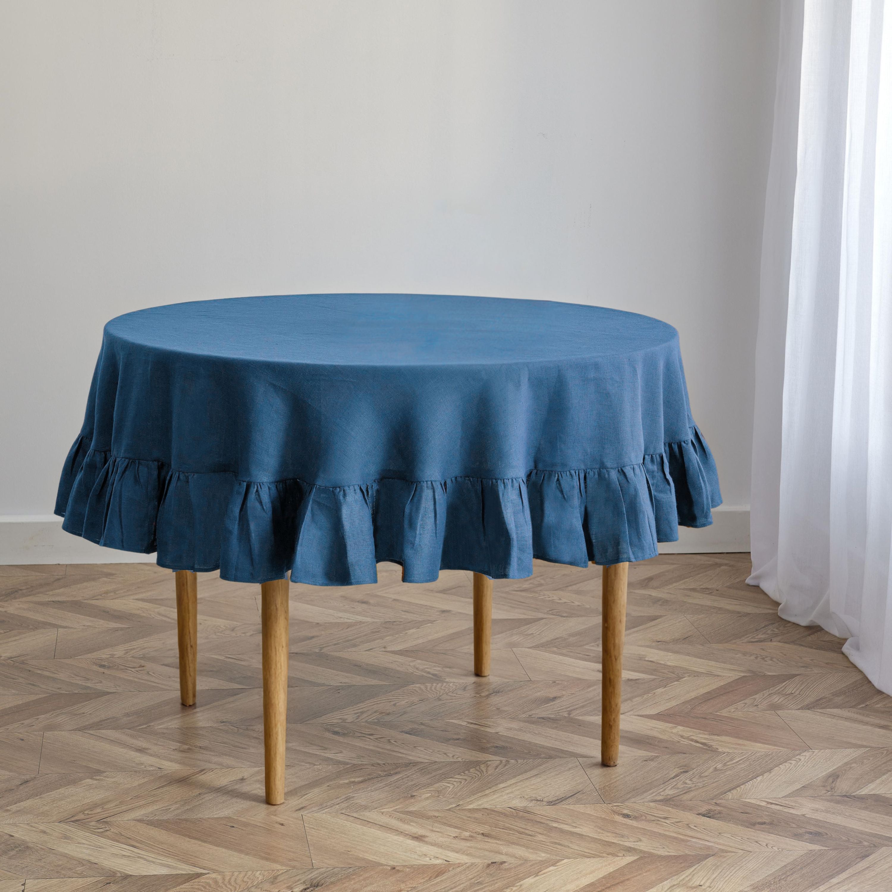 Indigo Blue Linen Round Ruffled Edge Tablecloth