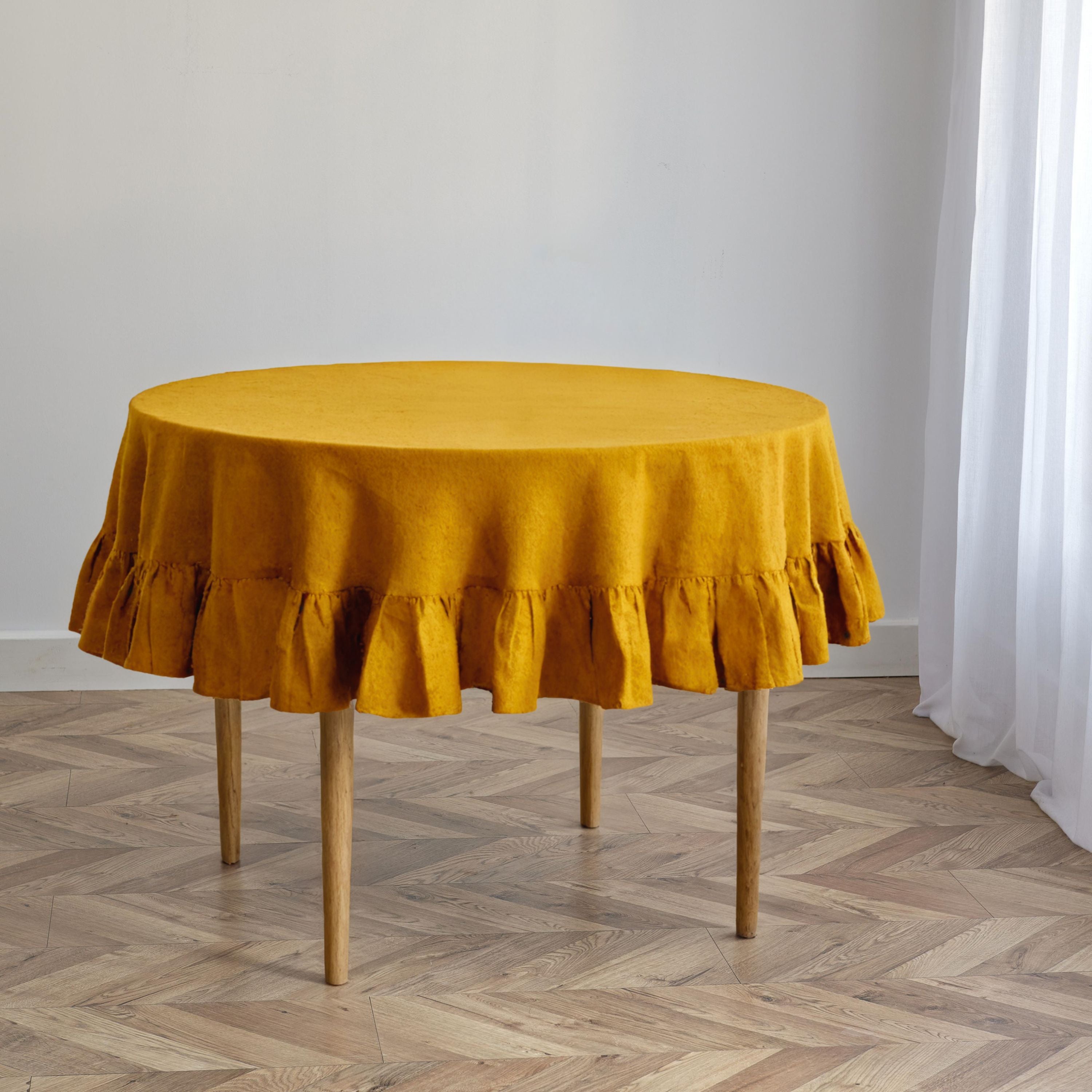 Mustard Linen Ruffled Round Tablecloth