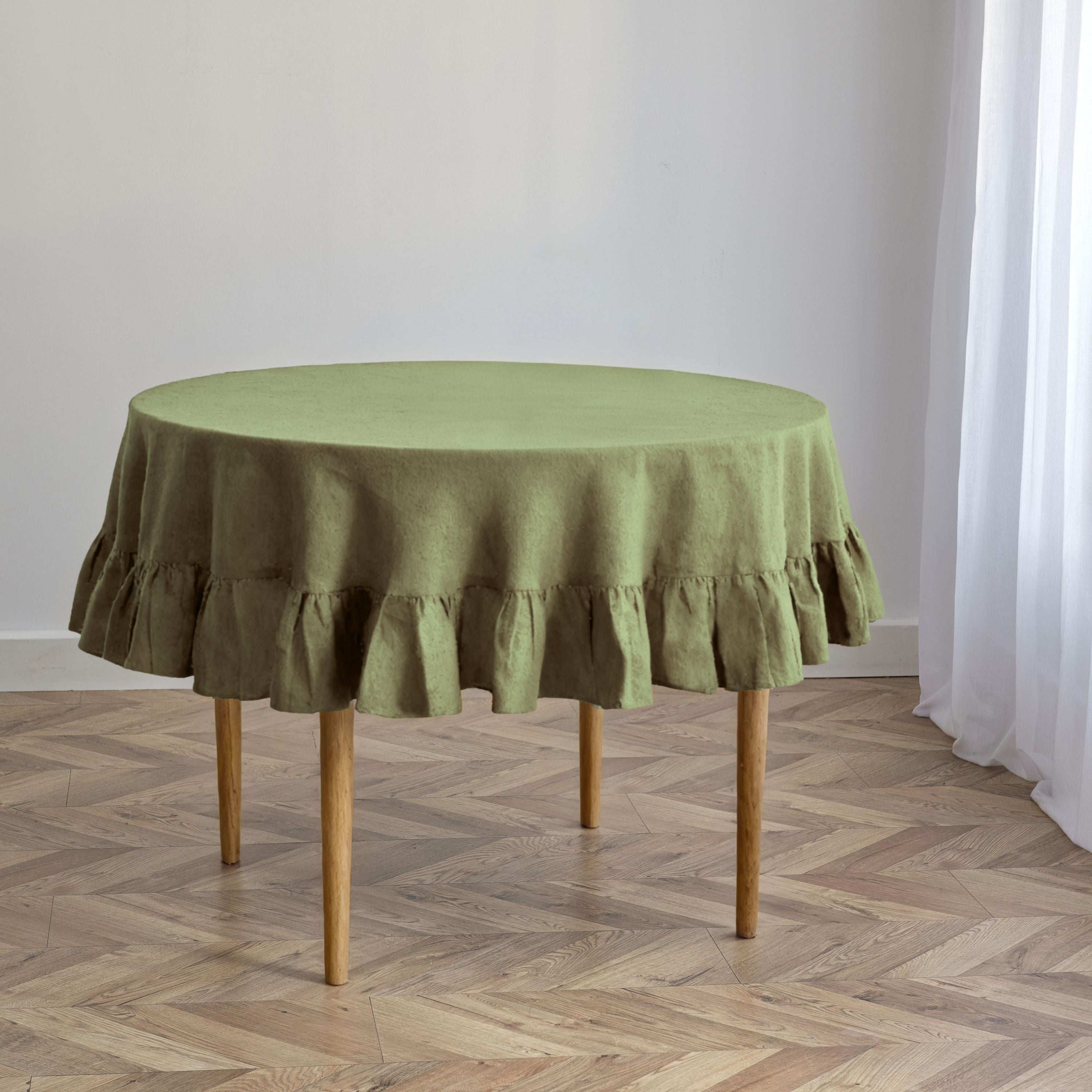 Sage Green Linen Round Tablecloth with Ruffles