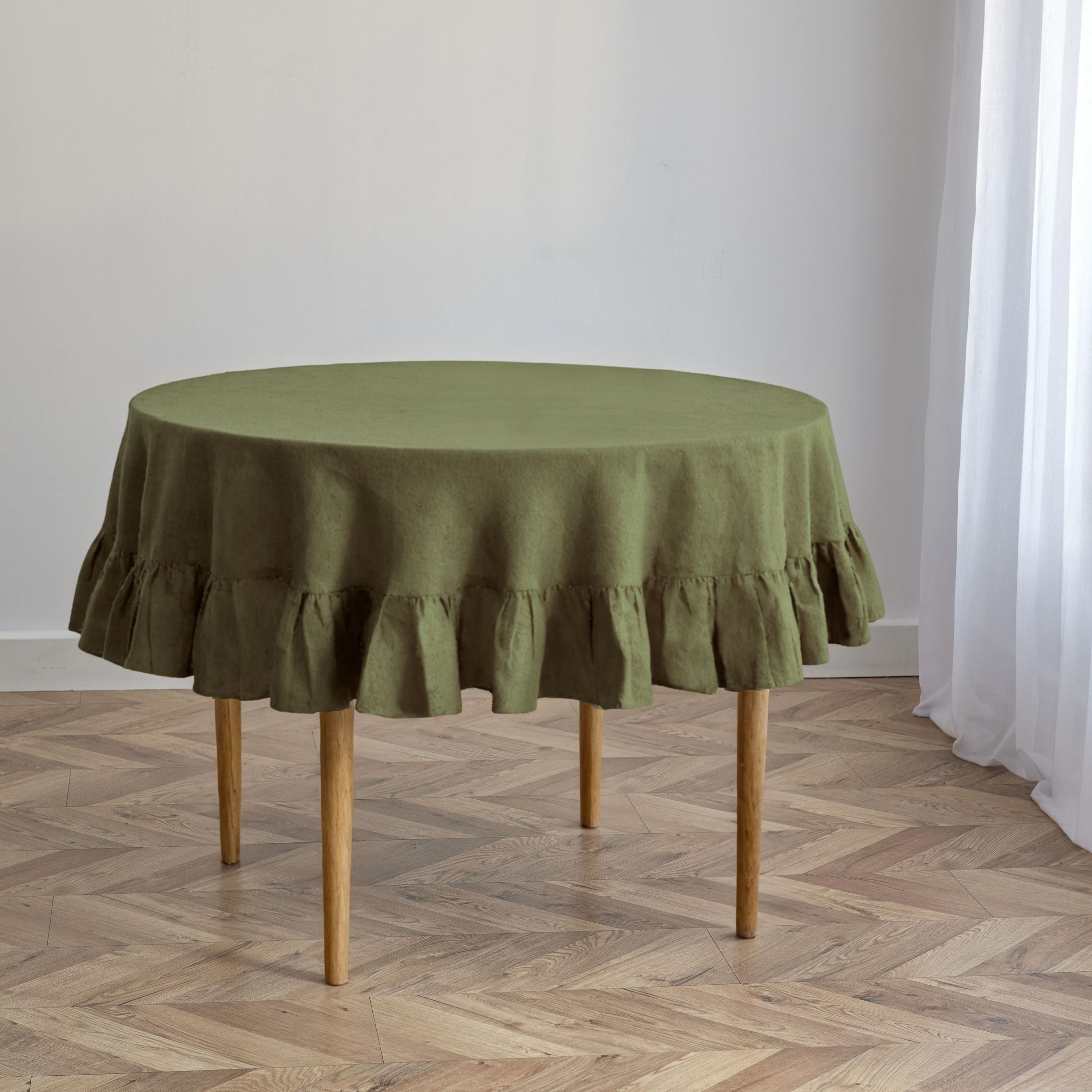 Dark Olive Linen Round Ruffle Tablecloth