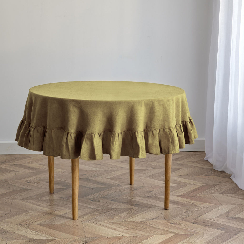 Light Olive Linen Round Tablecloth with Ruffled Edge
