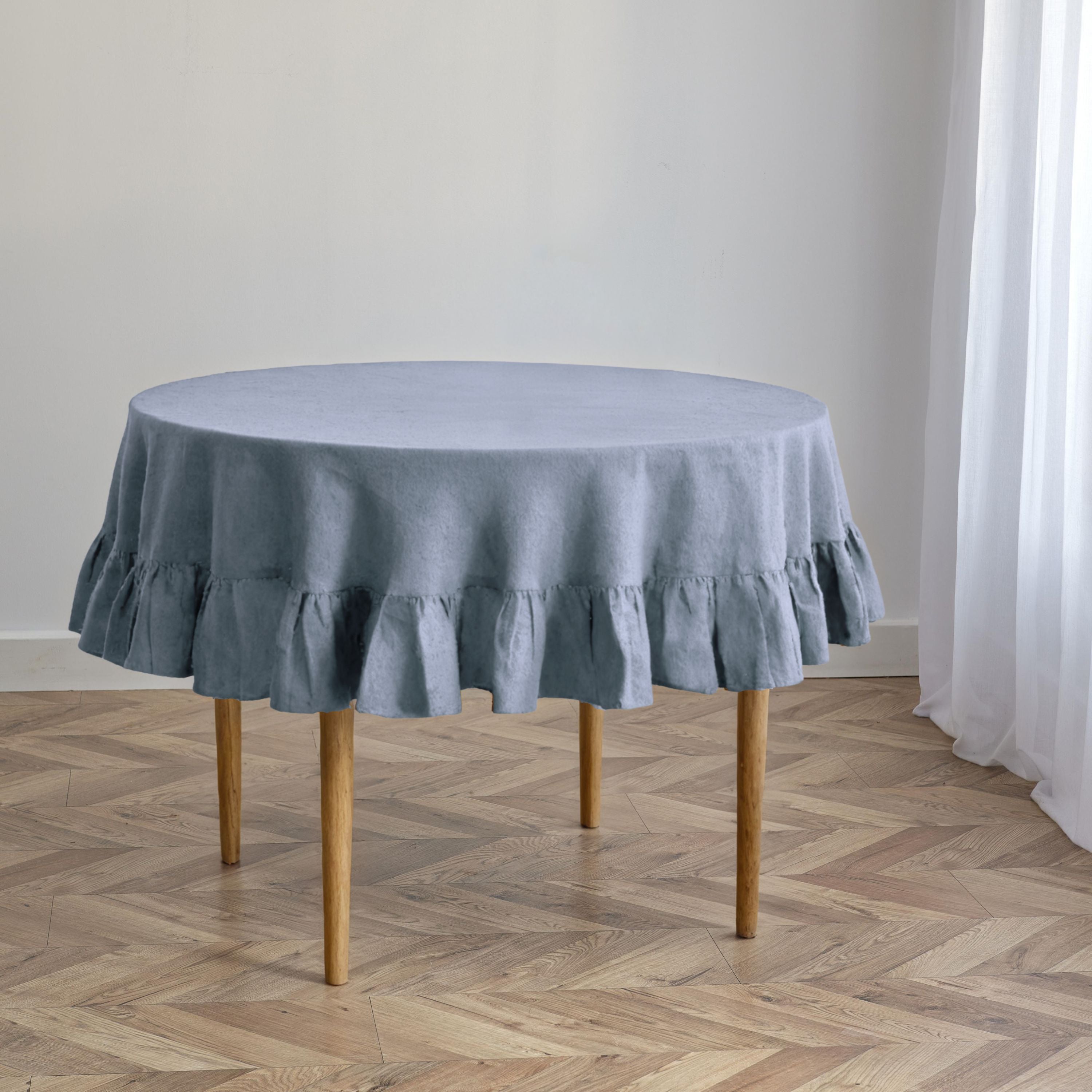 Dusty Blue Linen Round Tablecloth with Frill Edge