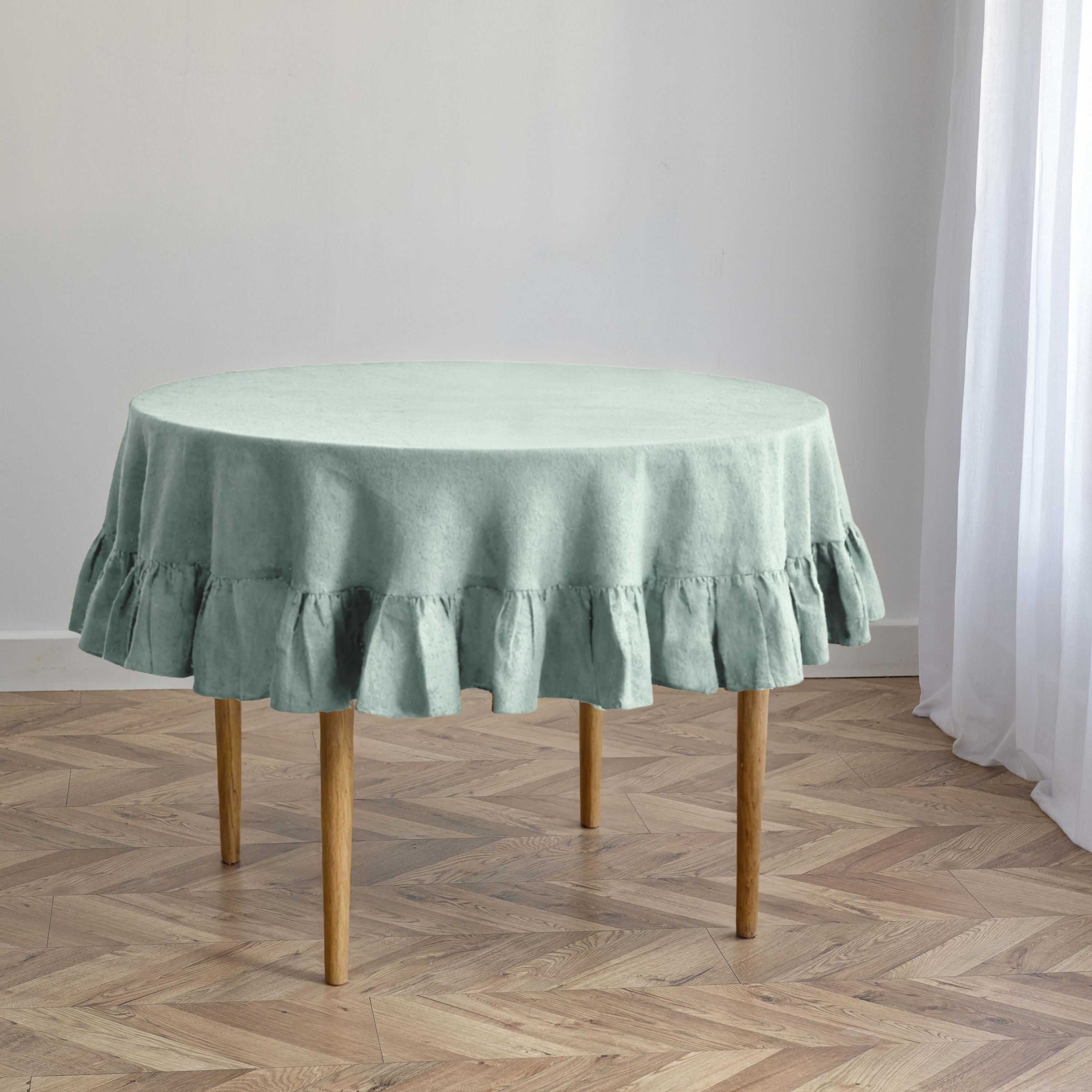 Dusty Sage Linen Round Tablecloth with Flounce Edge