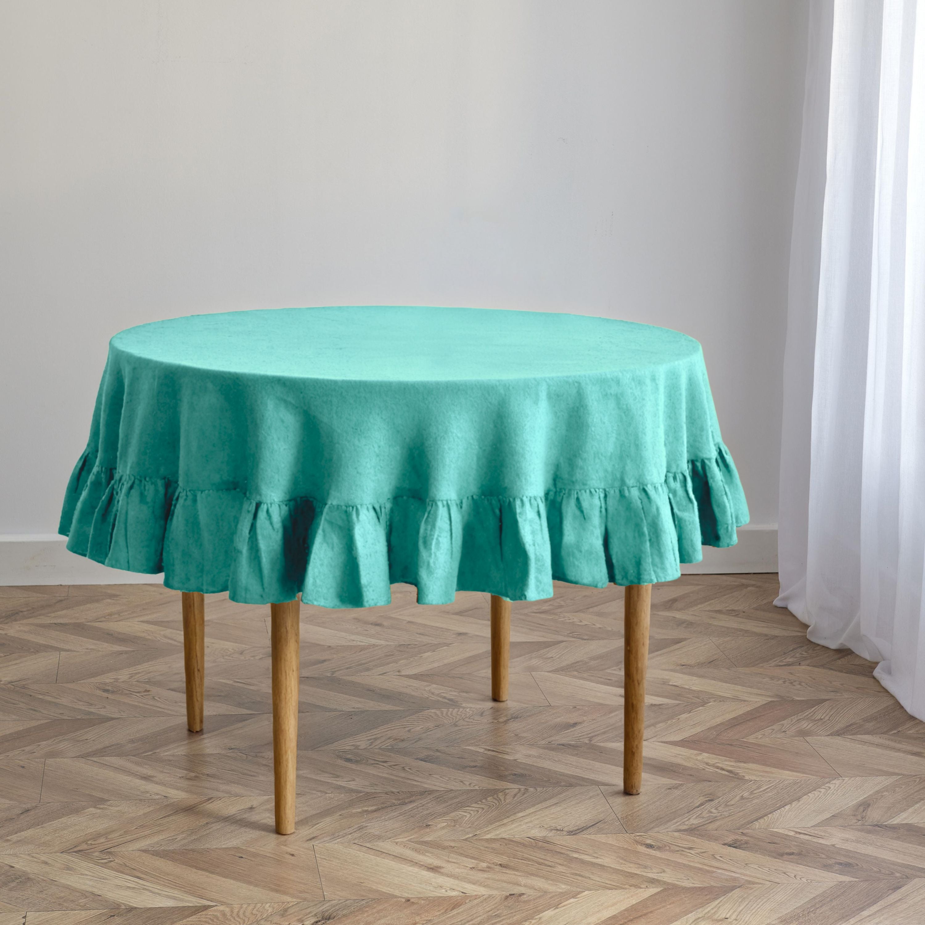 Mint Linen Ruffled Round Tablecloth