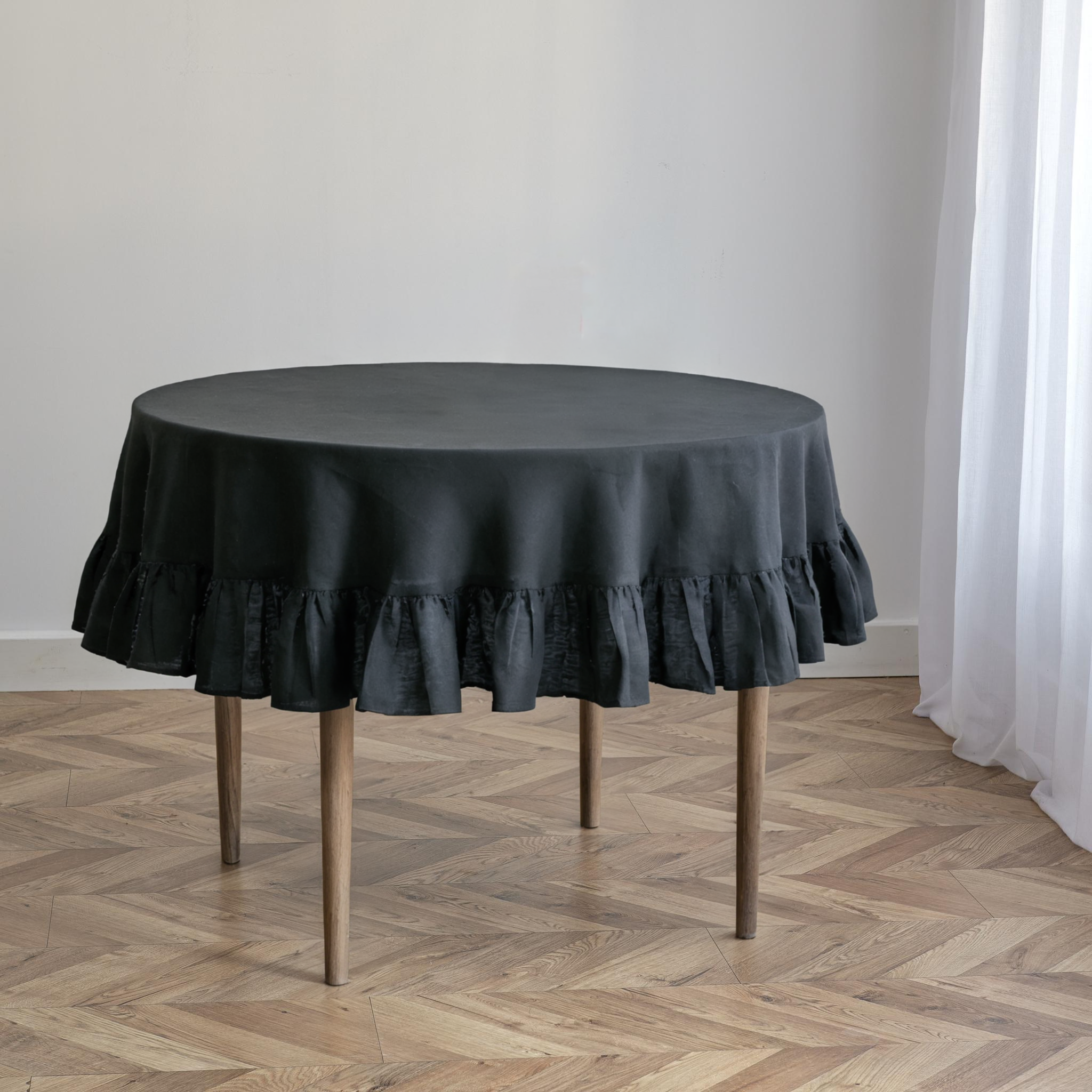 Black Linen Ruffled Round Tablecloth