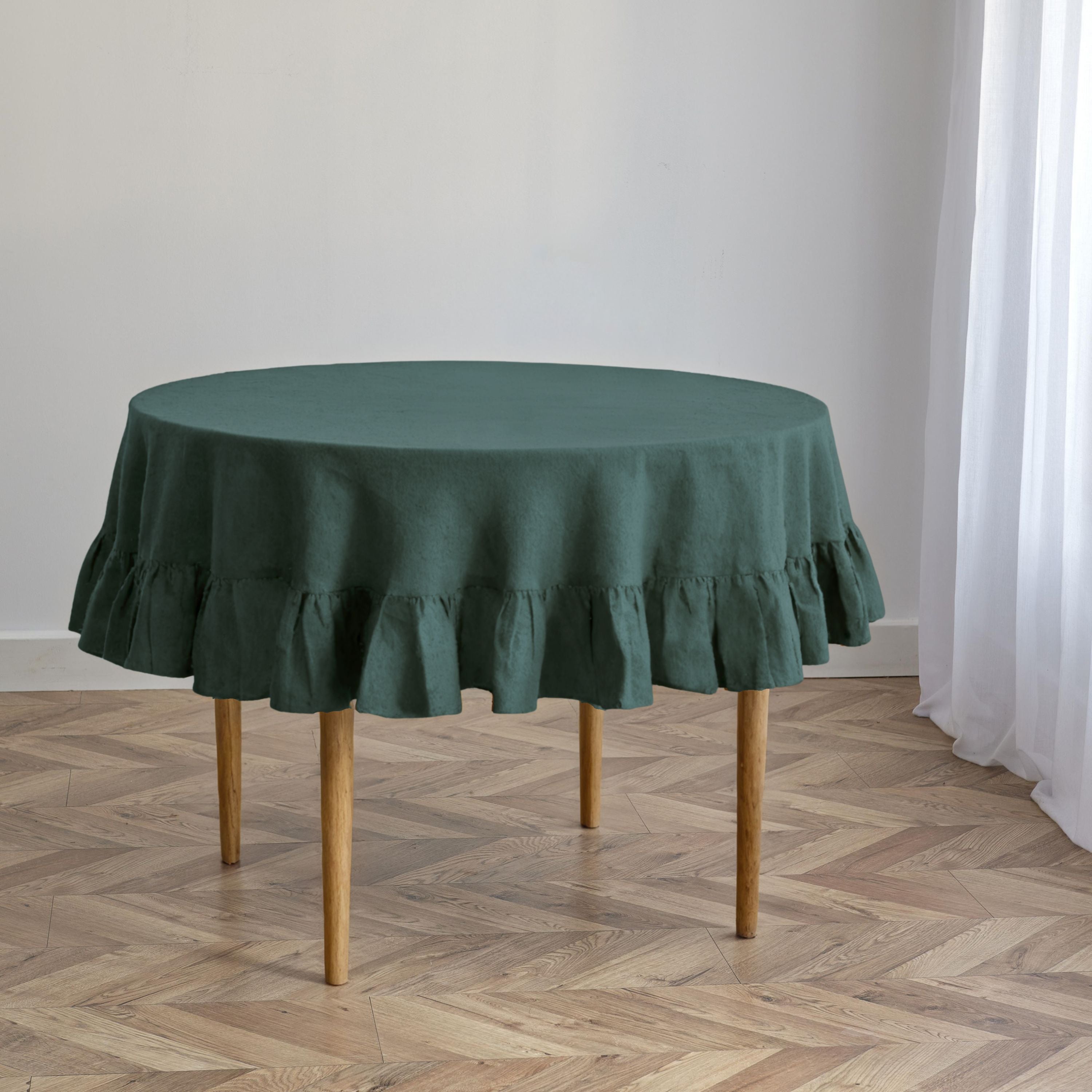 Forest Green Linen Round Tablecloth with Ruffles
