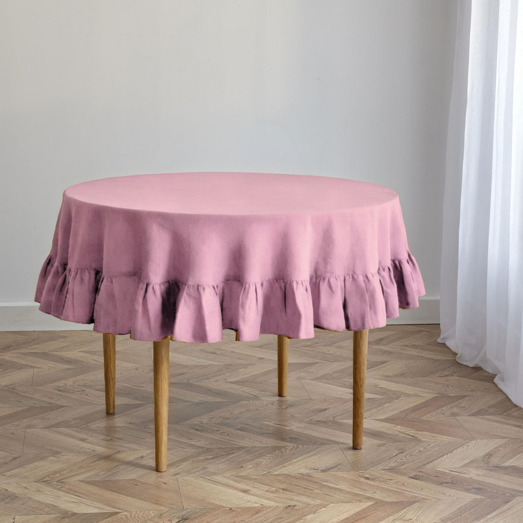 Dusty Rose Linen Round Ruffle Tablecloth