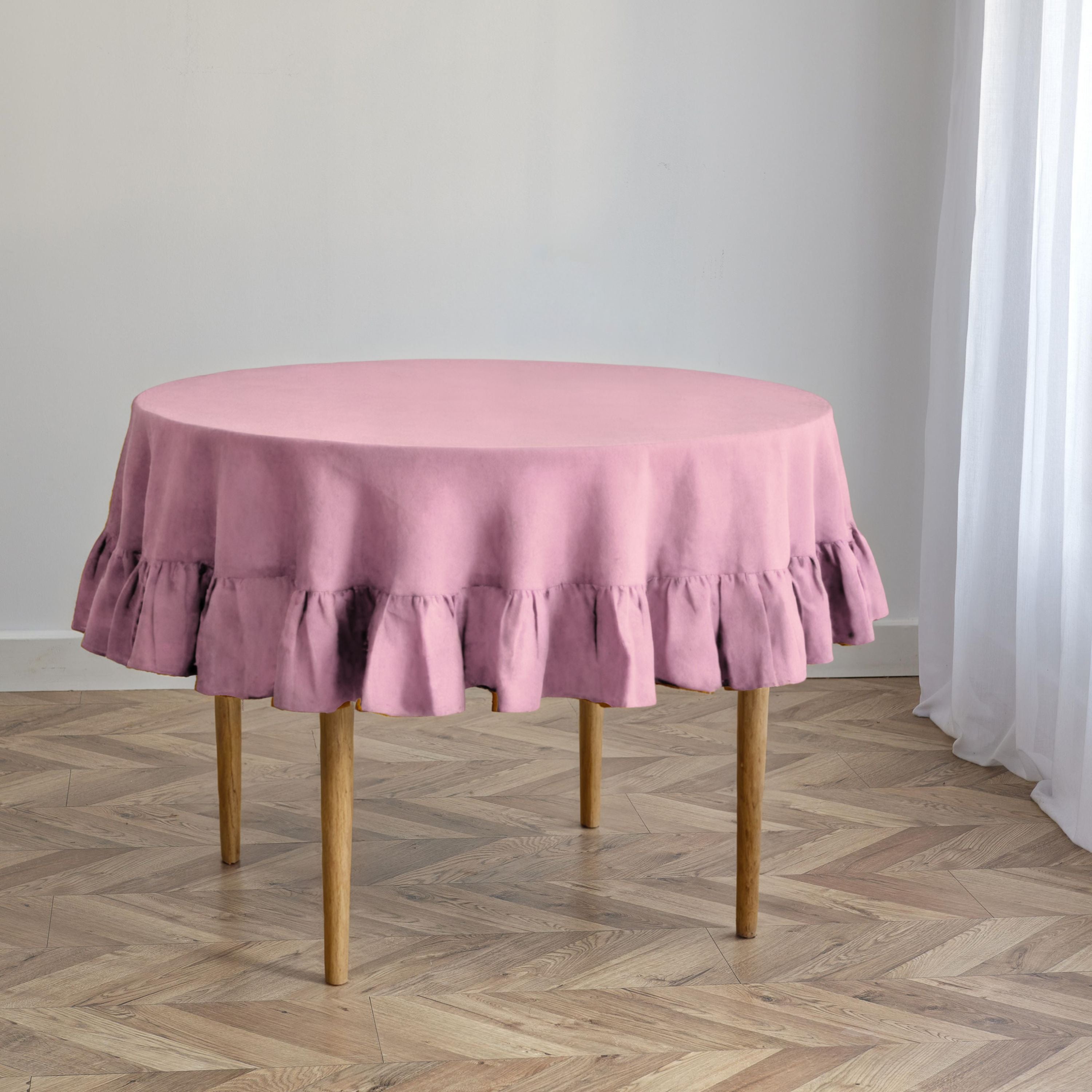 Dusty Rose Linen Round Ruffle Tablecloth