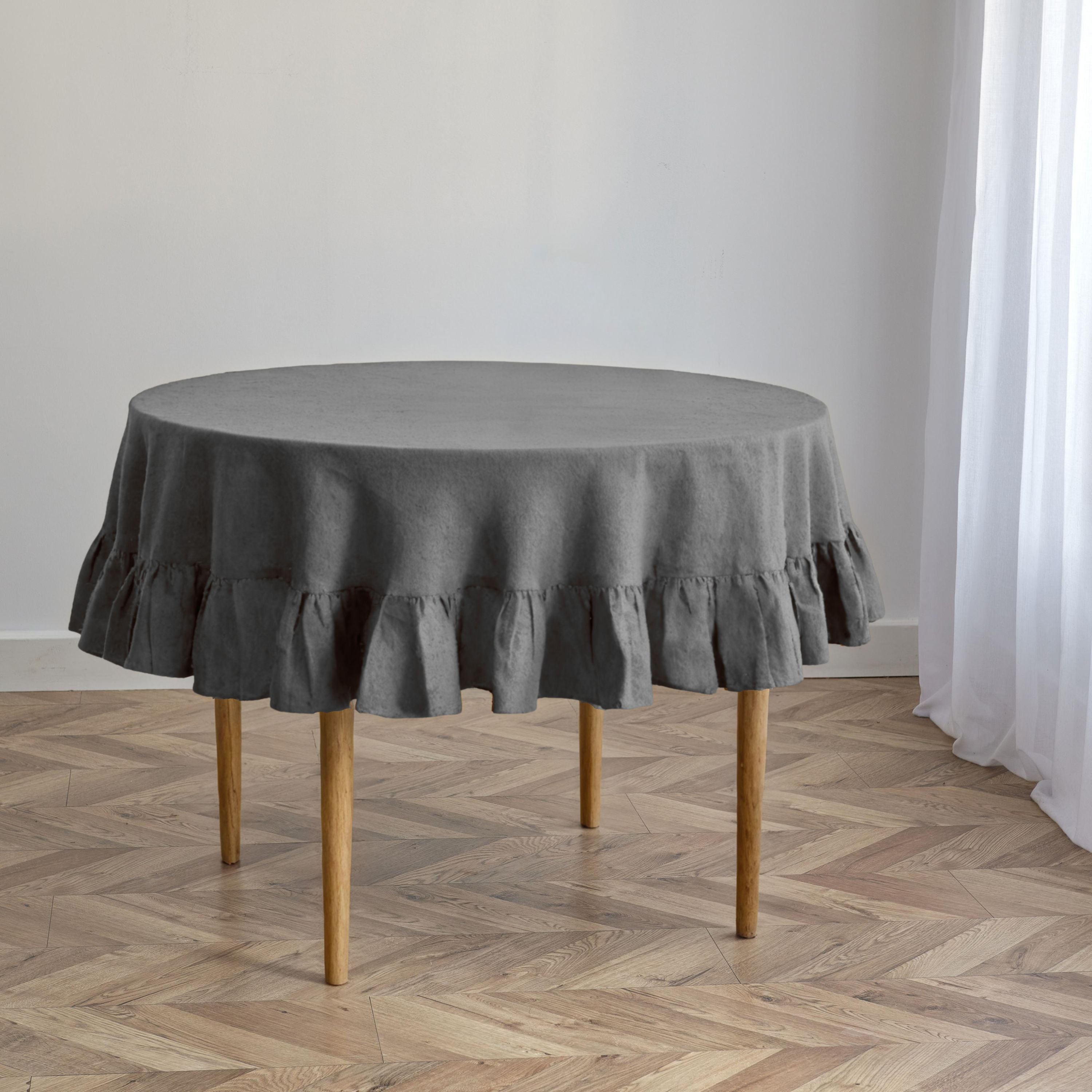 Charcoal Gray Linen Round Tablecloth with Ruffled Edge