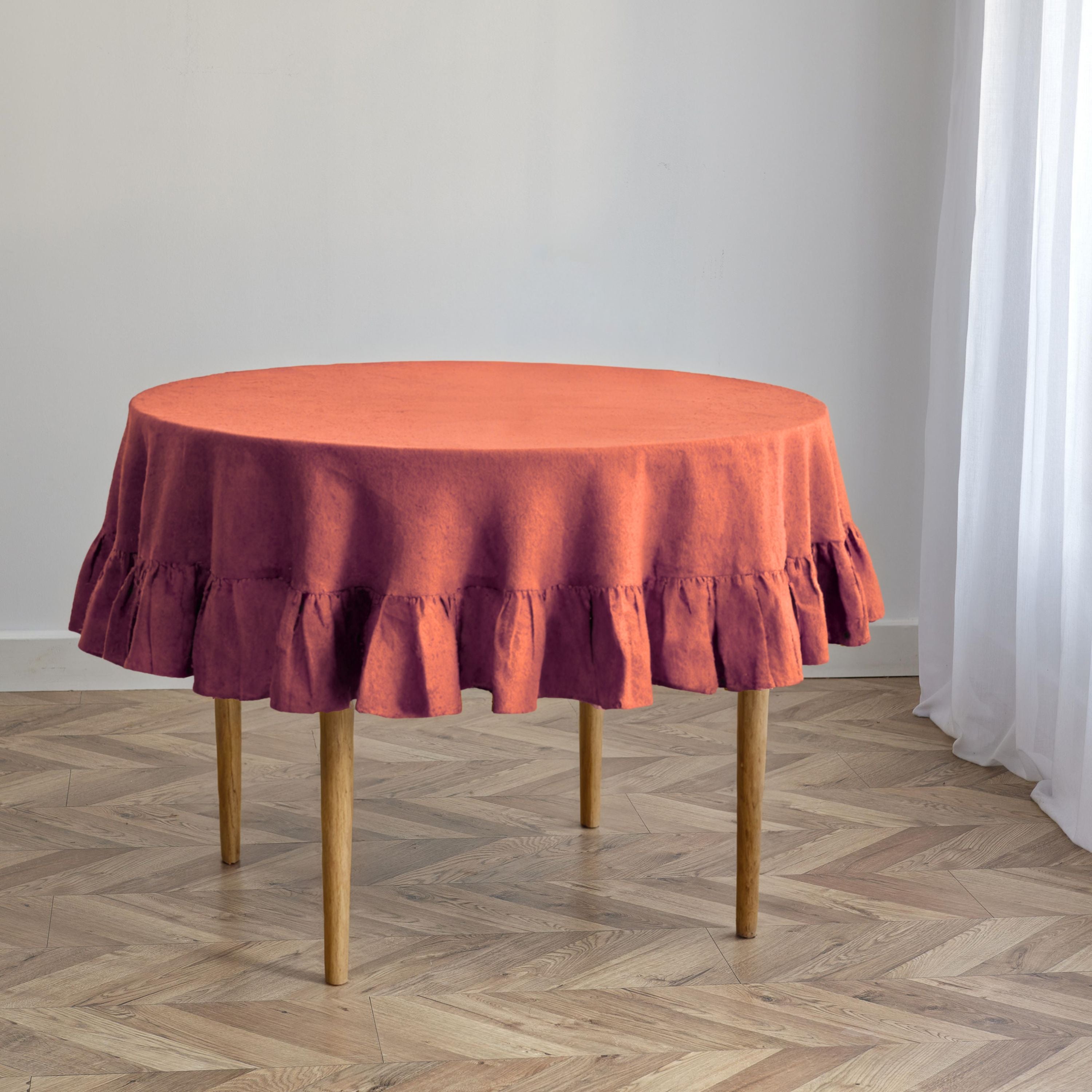 Burnt Orange Linen Round Tablecloth with Frill Edge