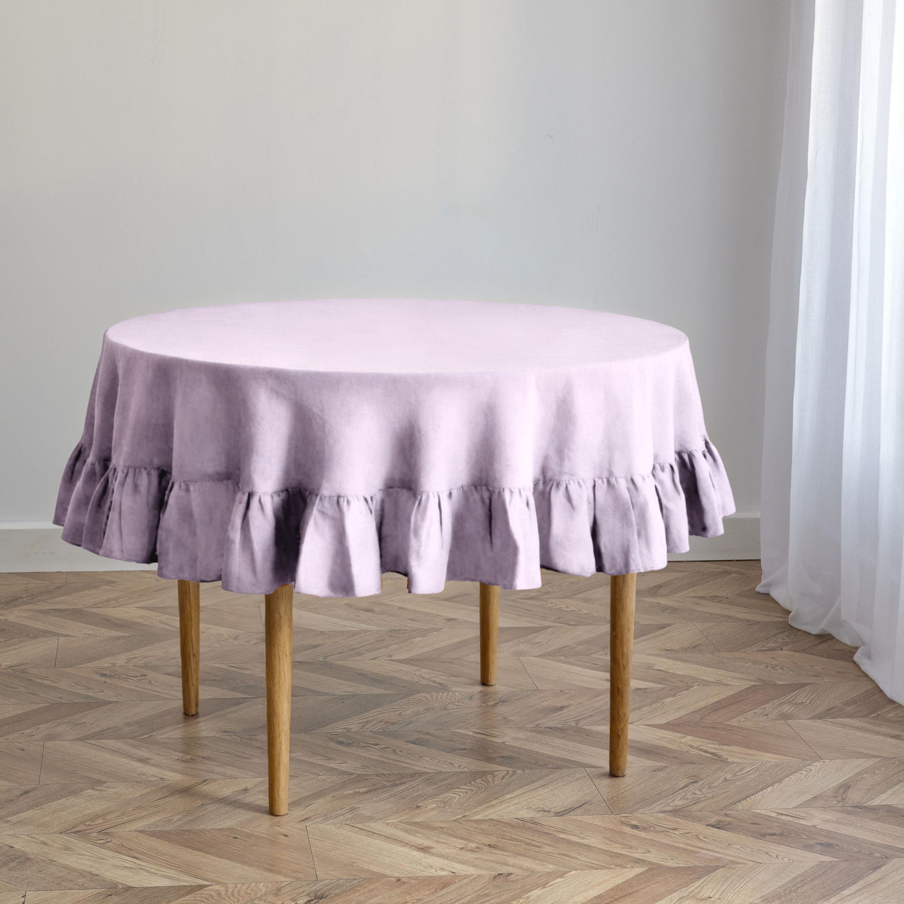 Blush Pink Linen Round Tablecloth with Flounce Edge