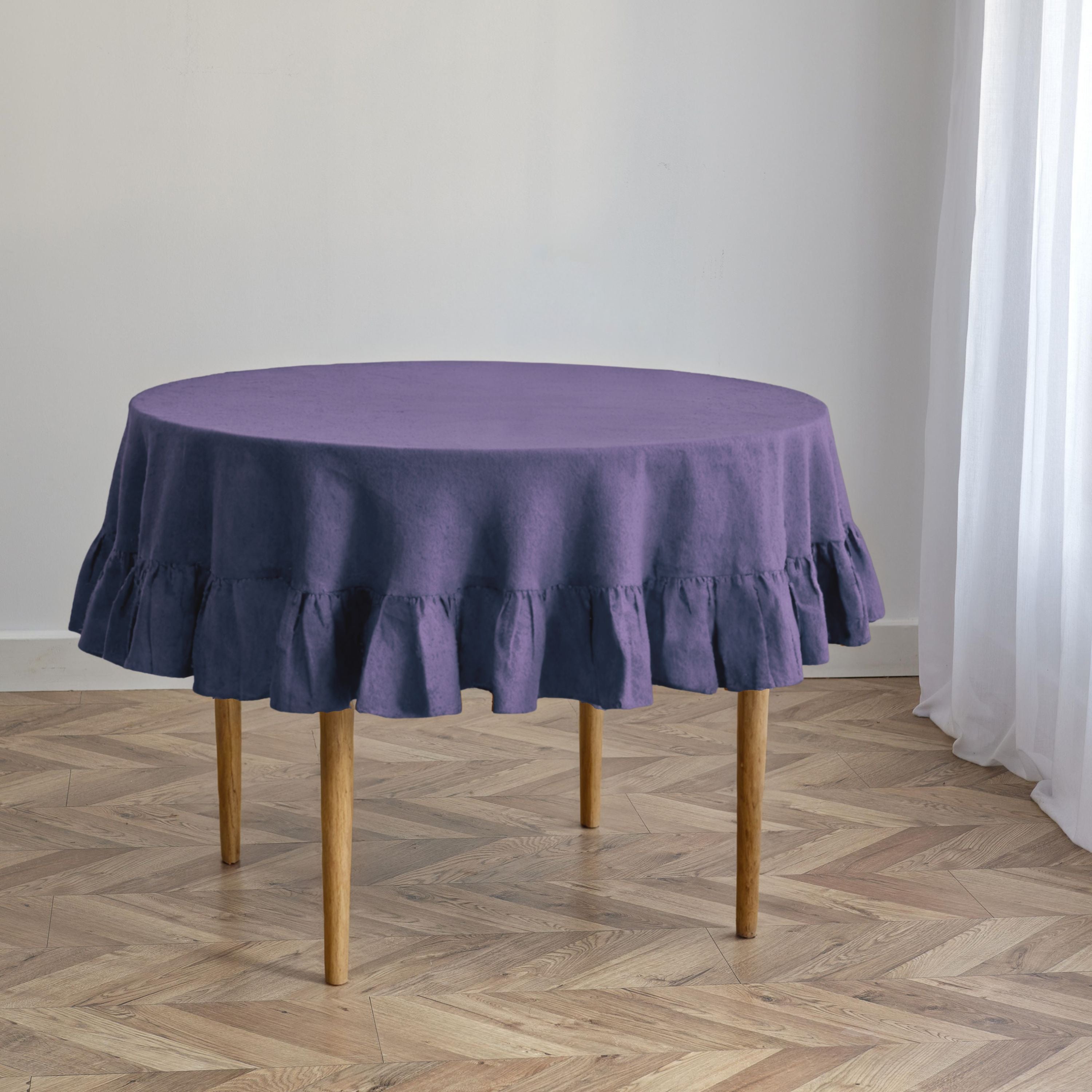 Plum Linen Ruffled Round Tablecloth