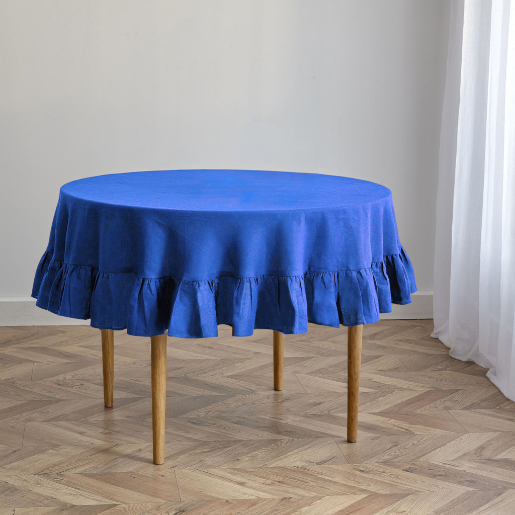 Royal Blue Linen Round Tablecloth with Ruffles