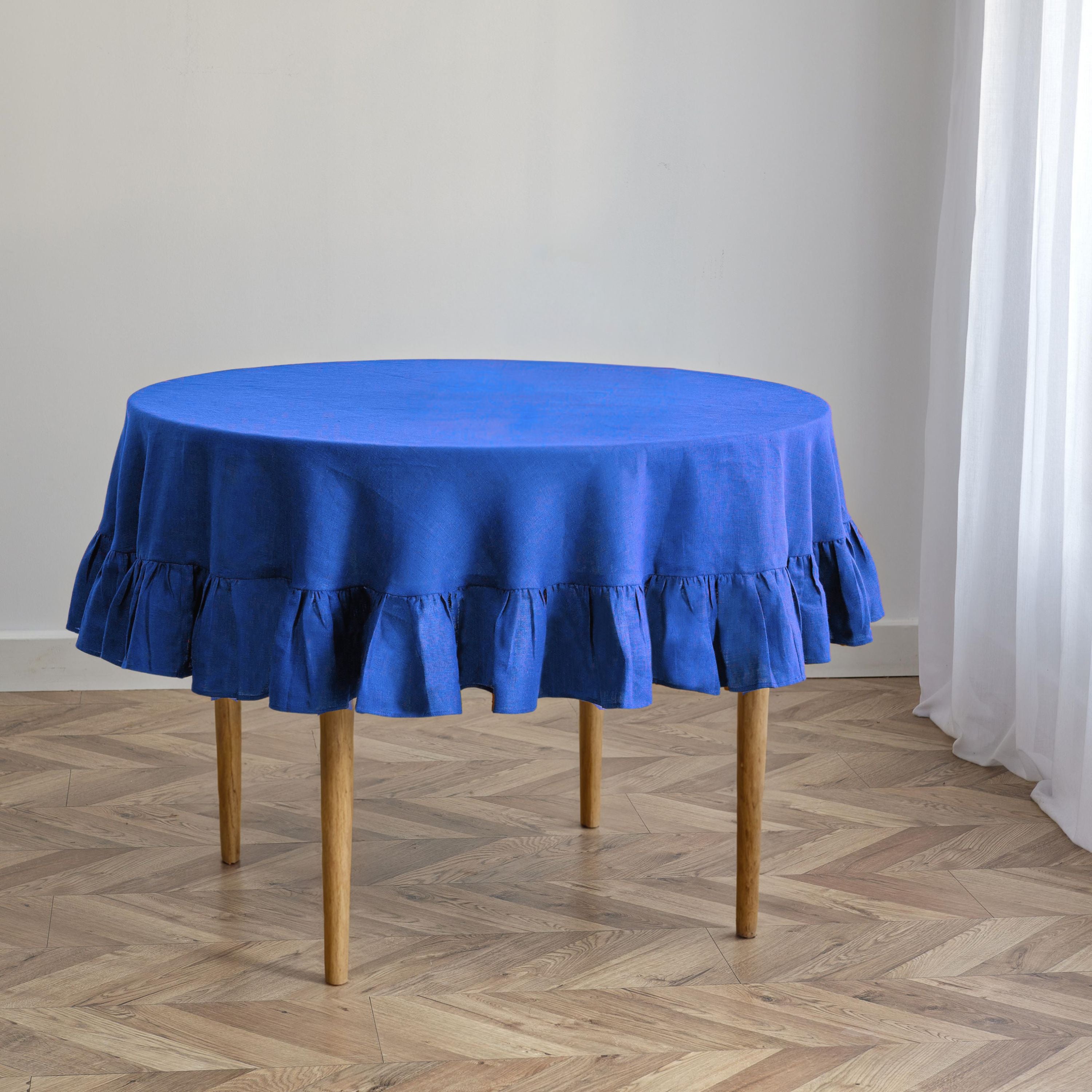 Royal Blue Linen Round Tablecloth with Ruffles