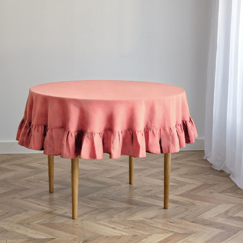 Coral Linen Round Ruffle Tablecloth