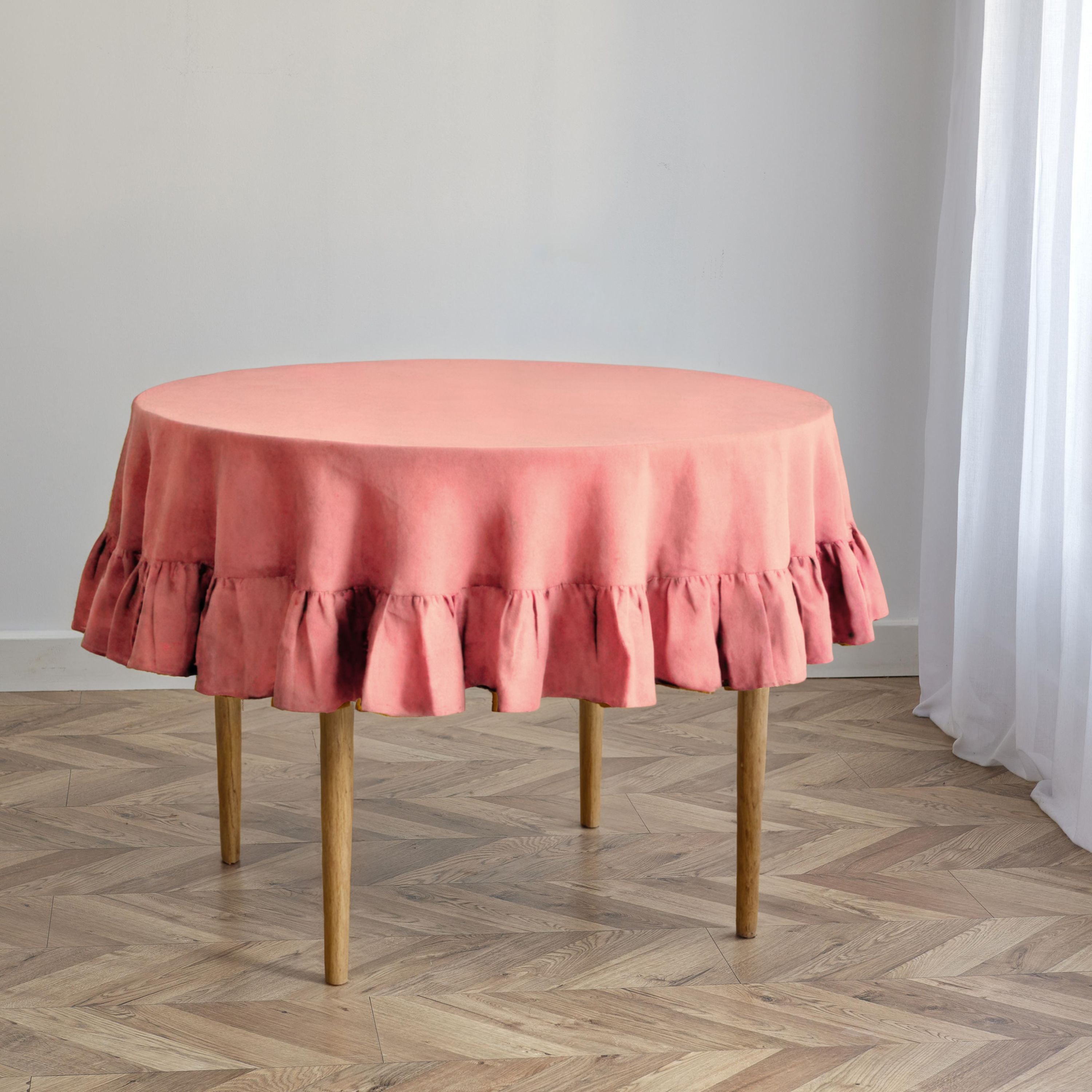 Coral Linen Round Ruffle Tablecloth