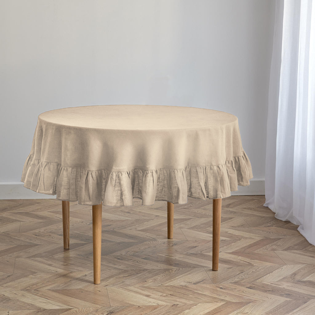 Beige Linen Round Tablecloth with Ruffles