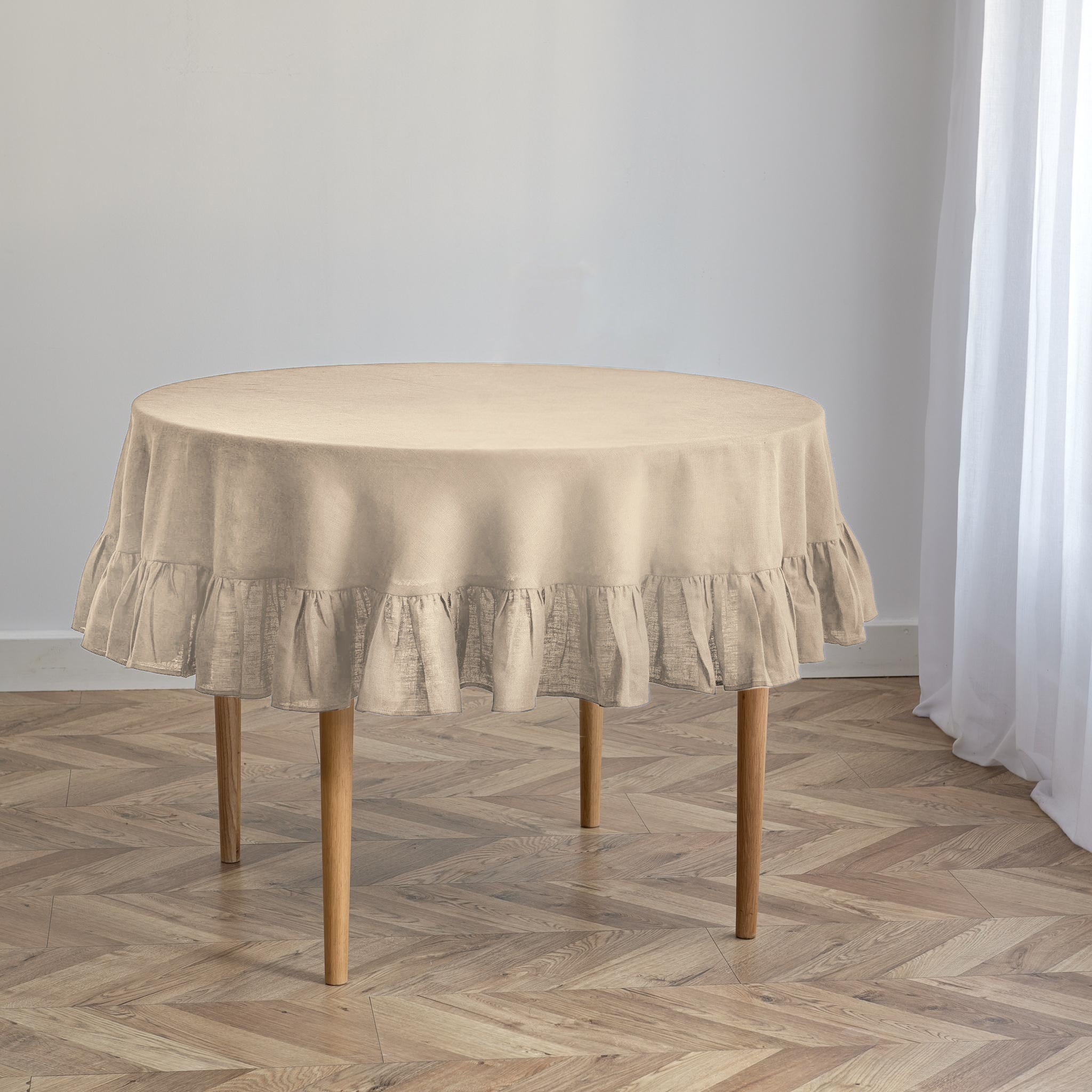Beige Linen Round Tablecloth with Ruffles