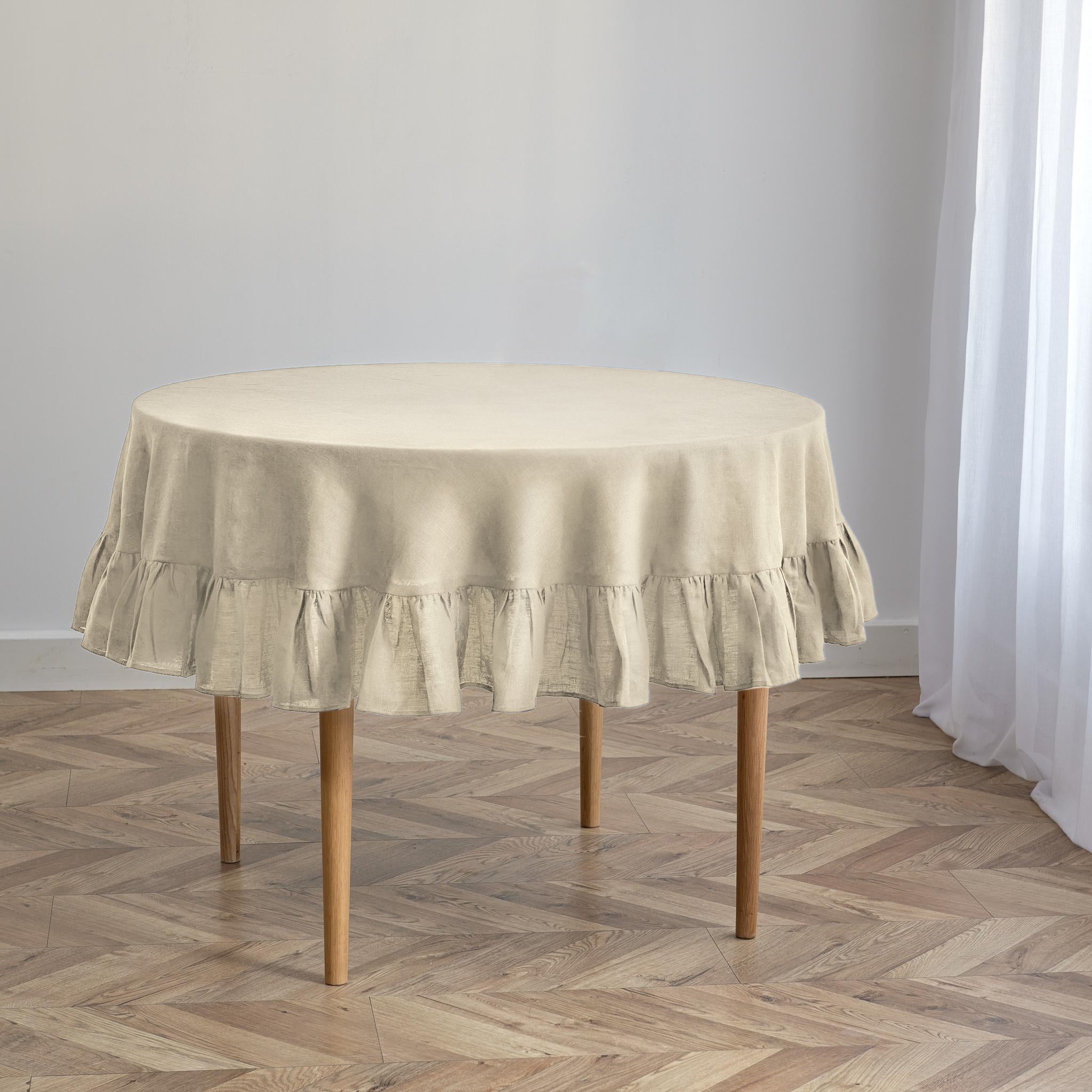 Ivory Linen Round Ruffle Tablecloth