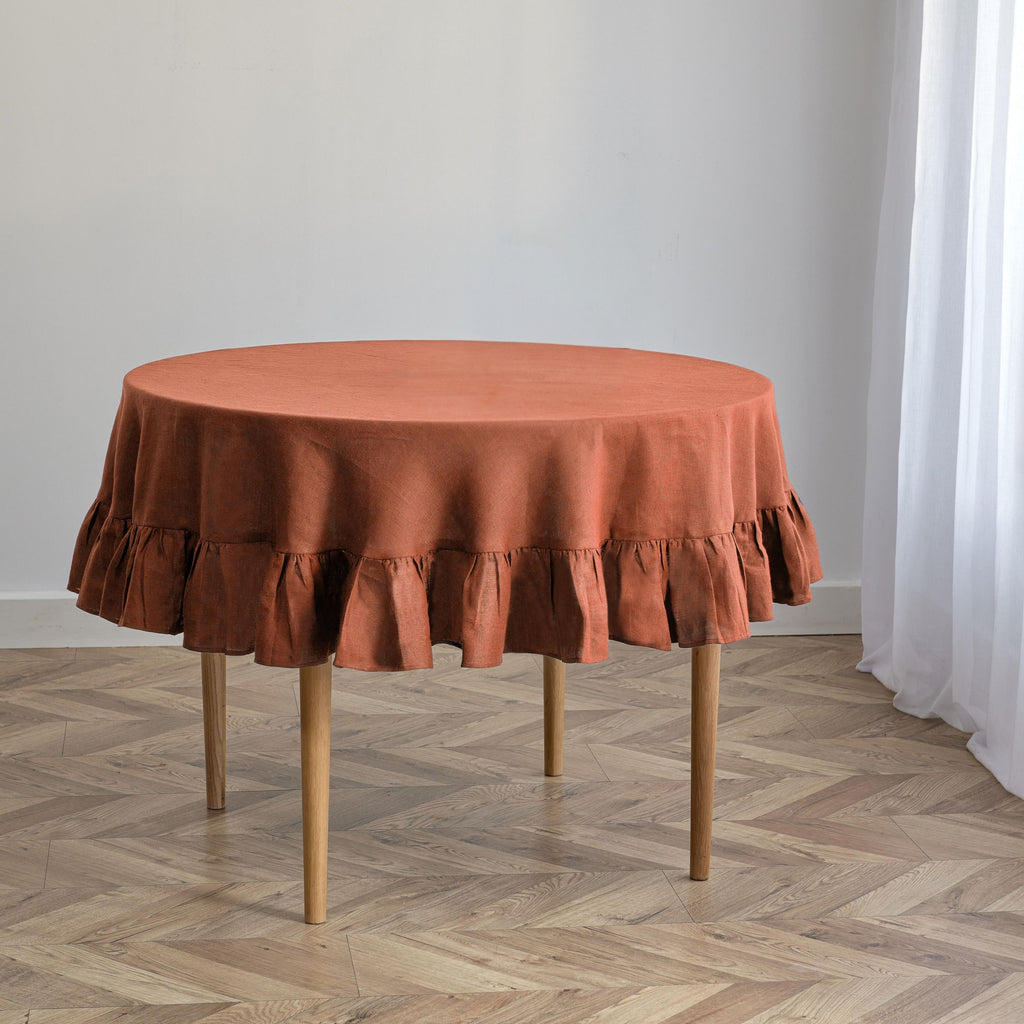 Cinnamon Linen Round Tablecloth with Ruffled Edge