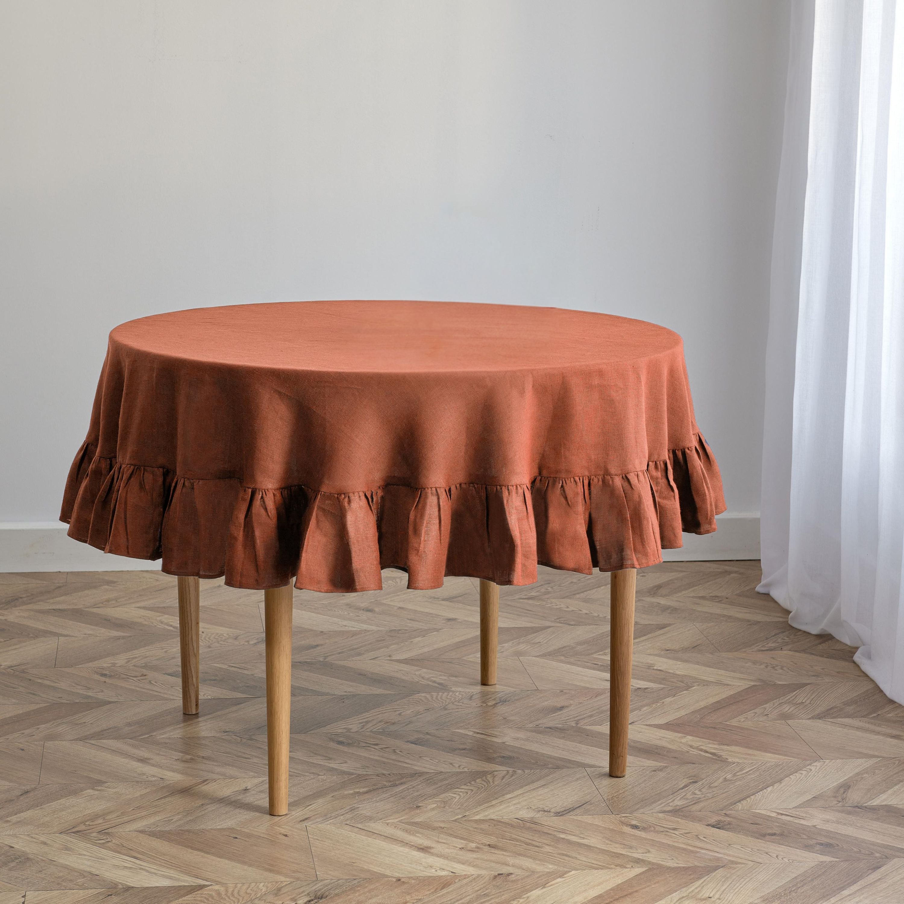 Cinnamon Linen Round Tablecloth with Ruffled Edge
