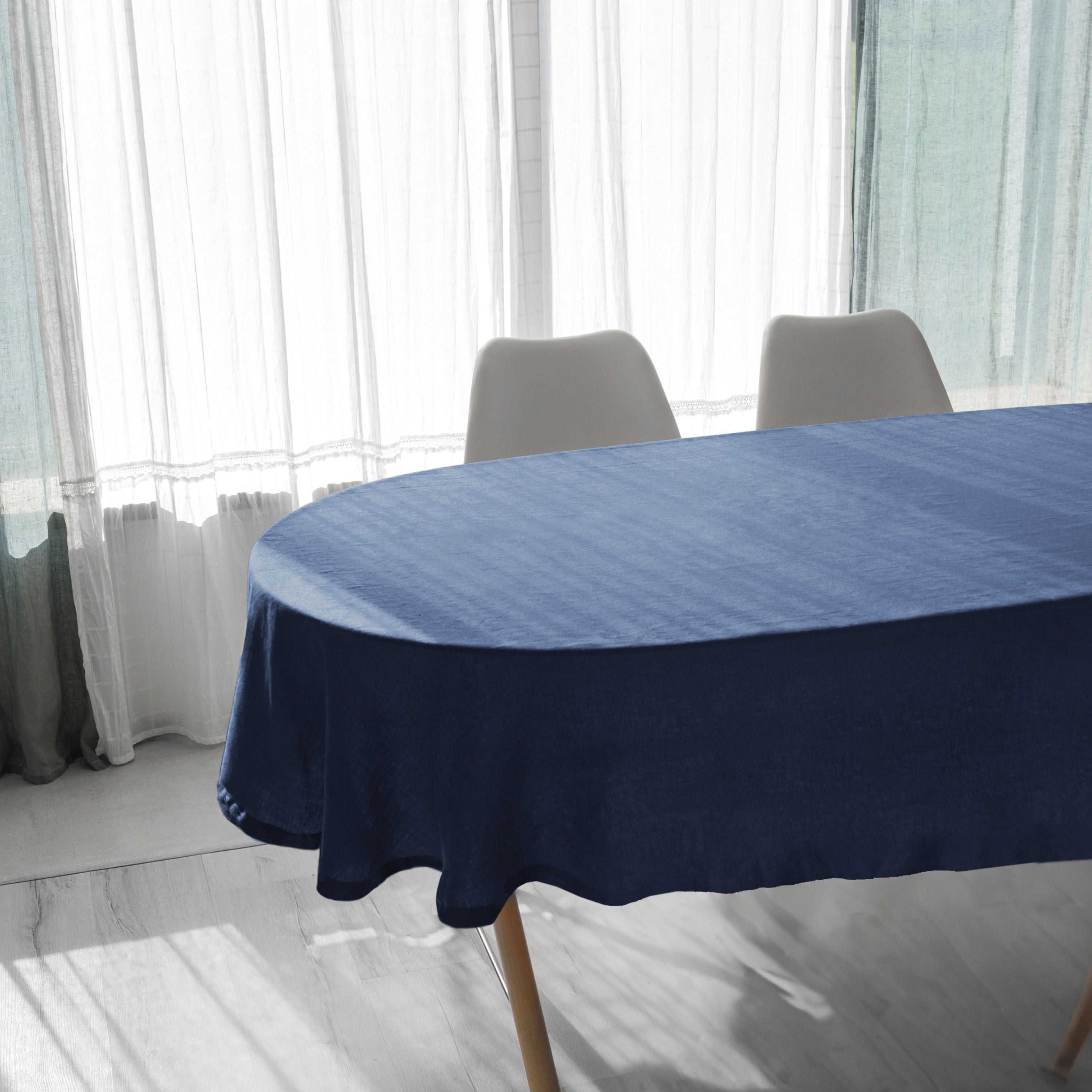 Navy Blue Linen Oval Tablecloth