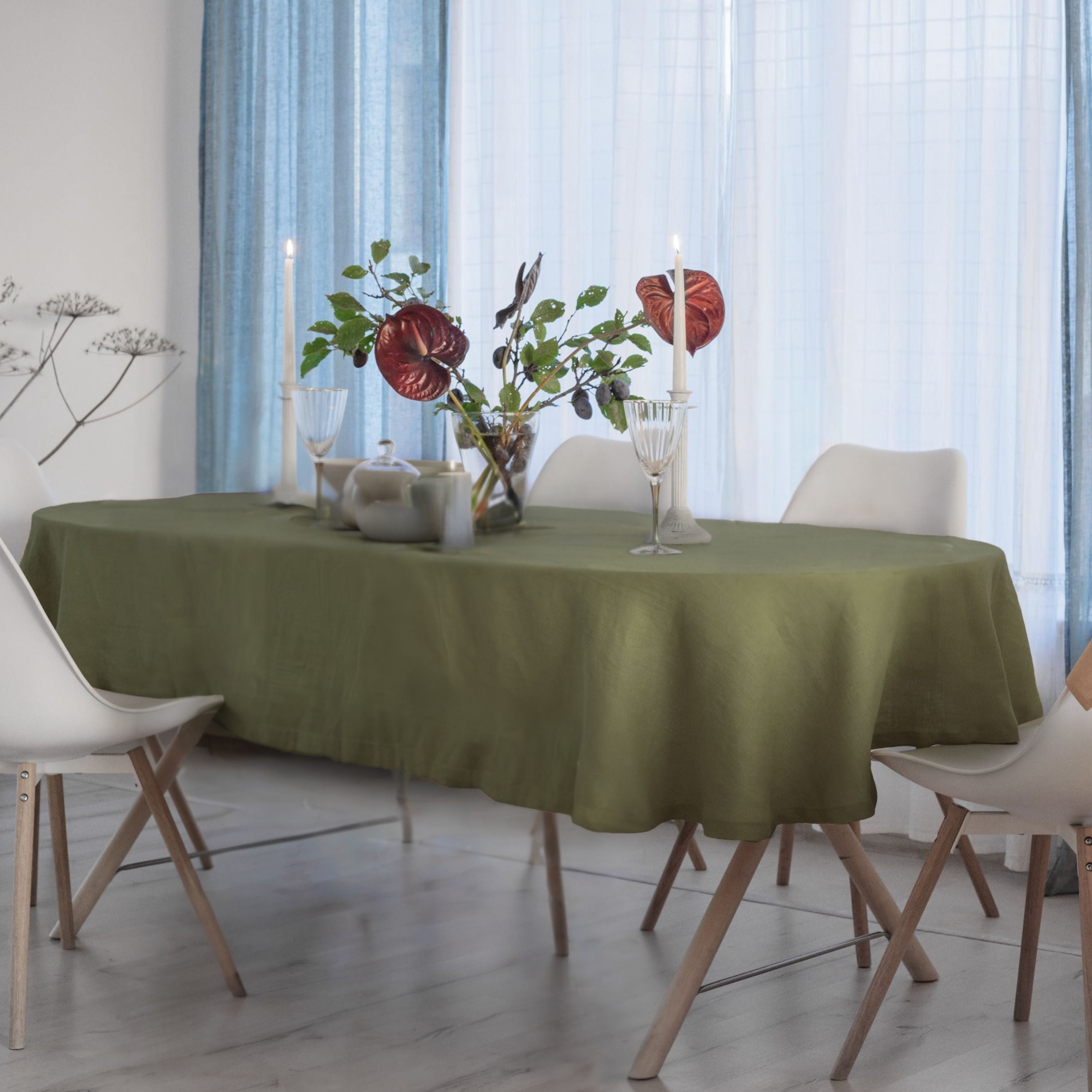 Linen Oval Tablecloth in Dark Olive