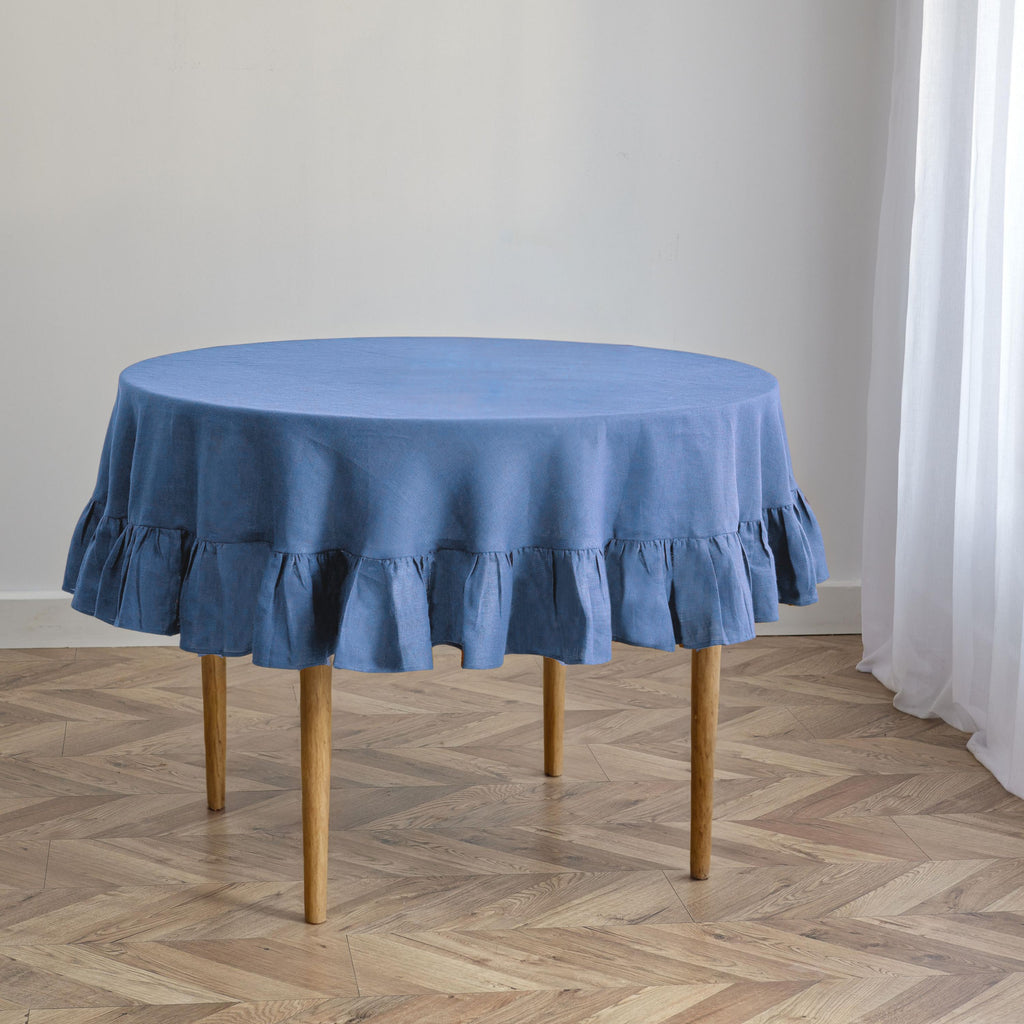 Steel Blue Linen Round Tablecloth with Frill Edge