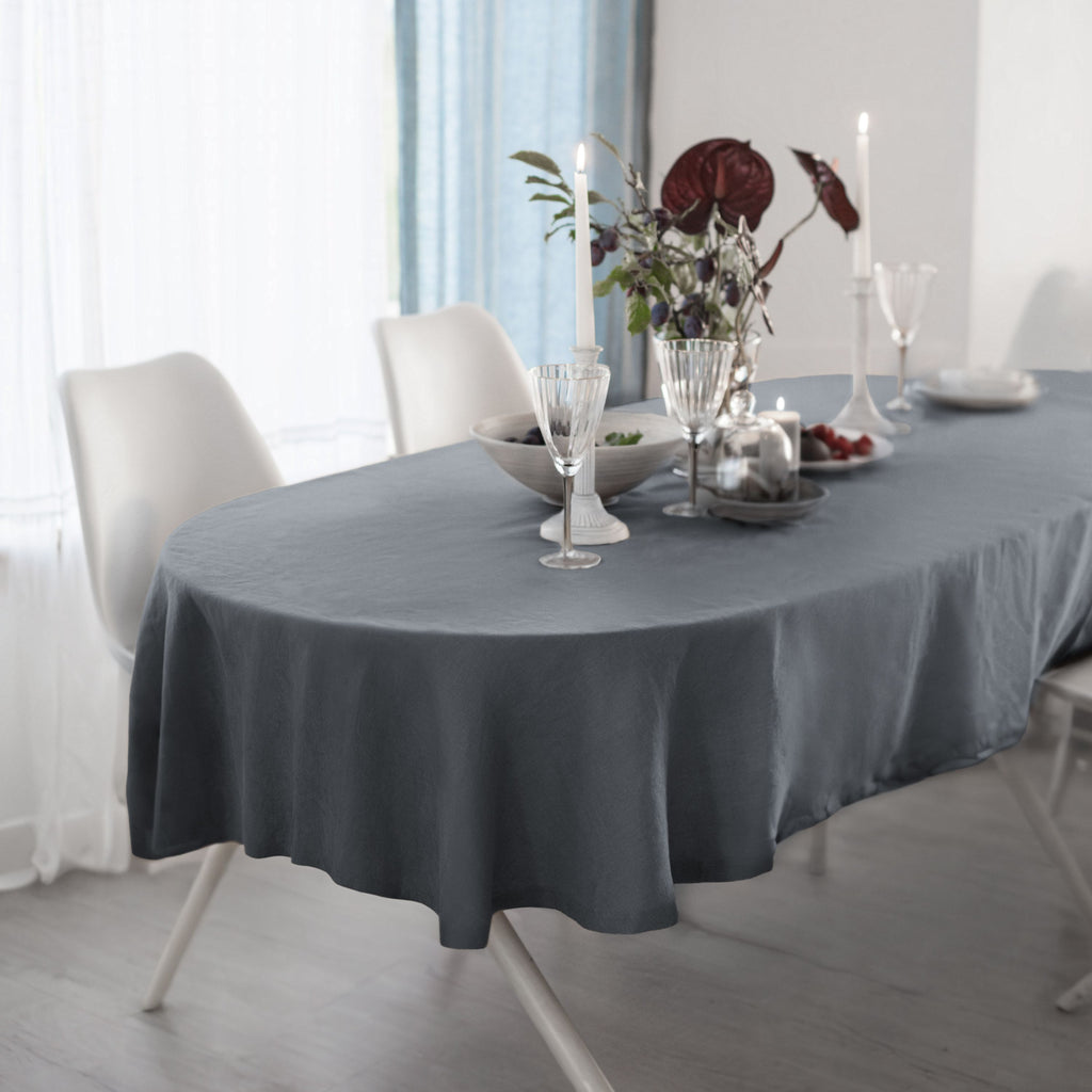 Charcoal Gray Linen Oval Tablecloth