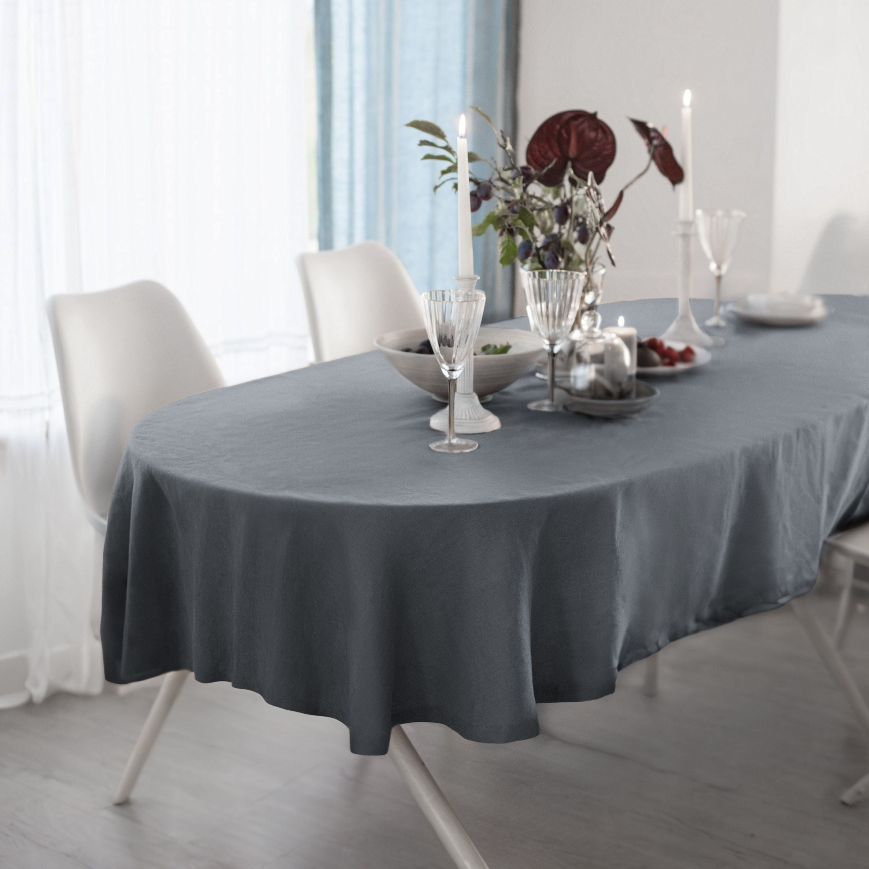 Charcoal Gray Linen Oval Tablecloth