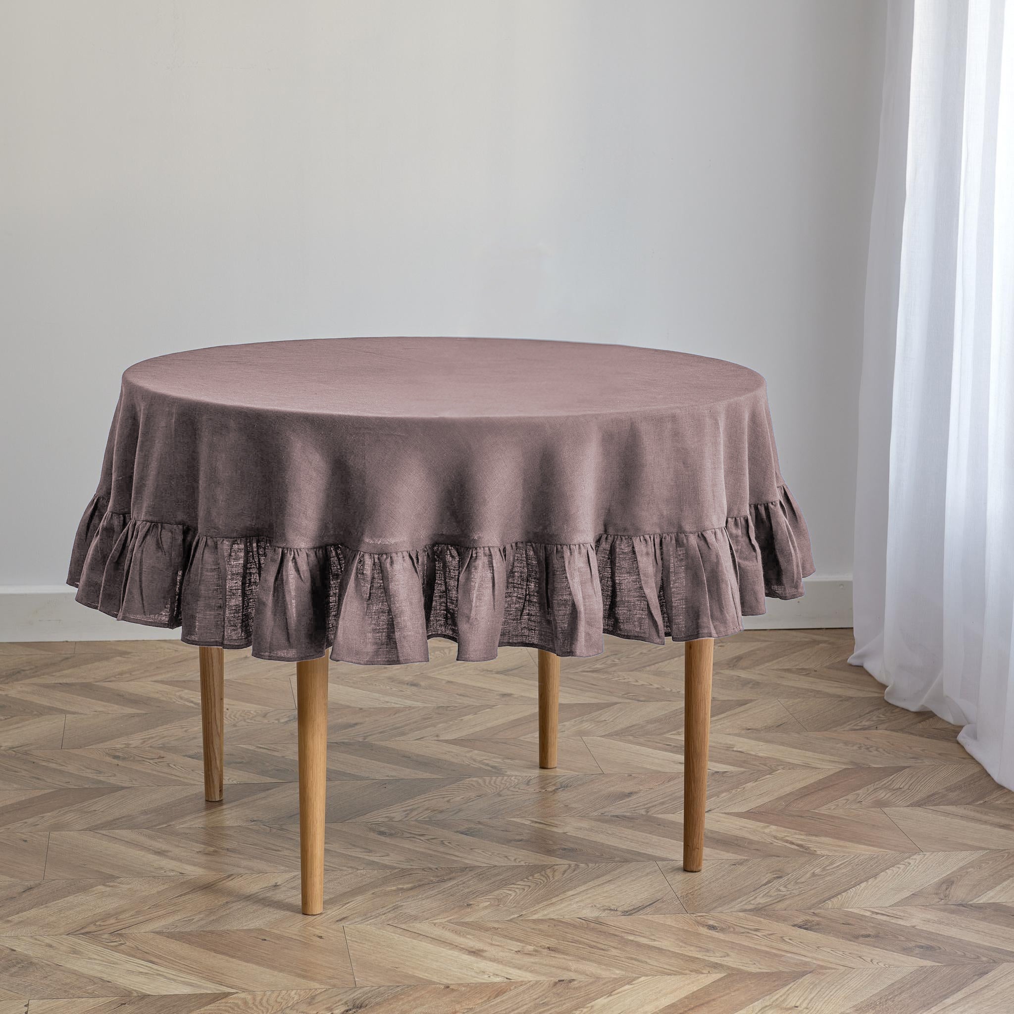 Tan Linen Round Tablecloth with Flounce Edge