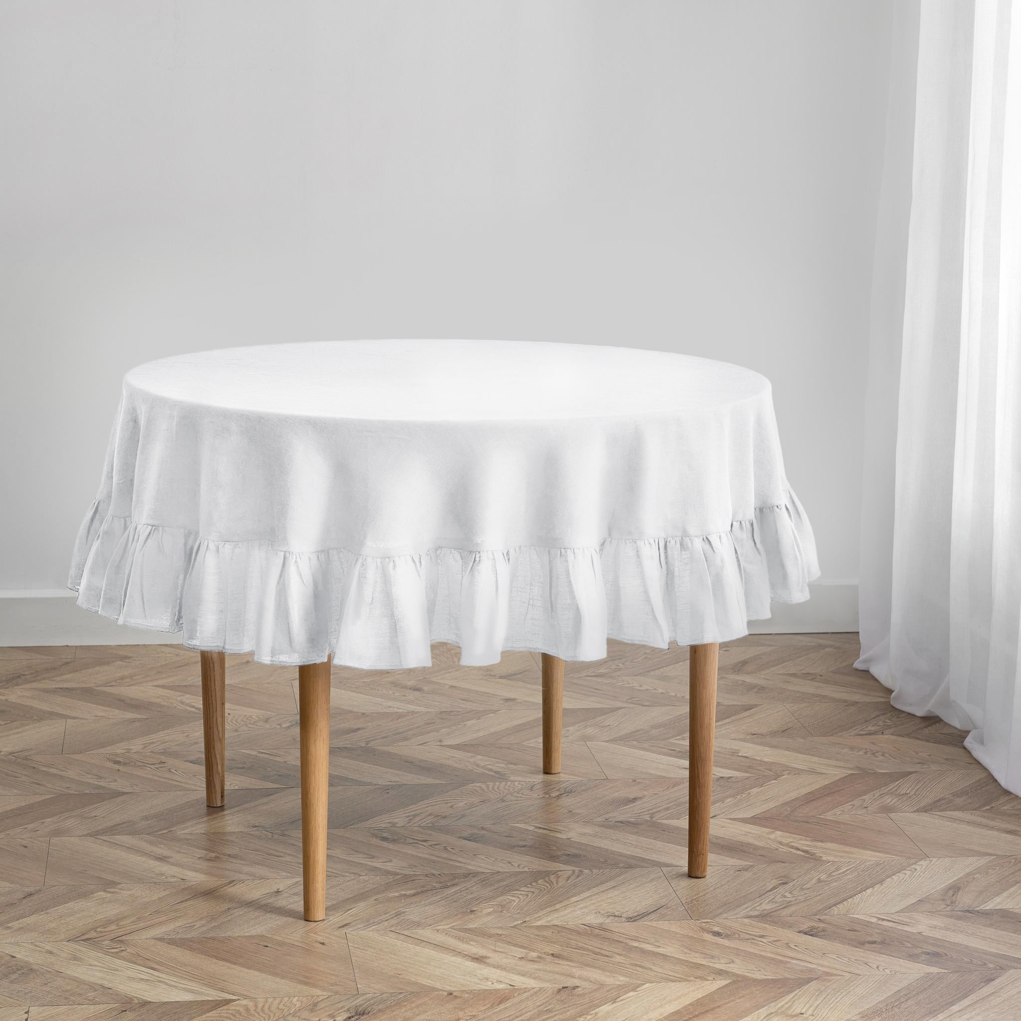 White Linen Ruffled Round Tablecloth
