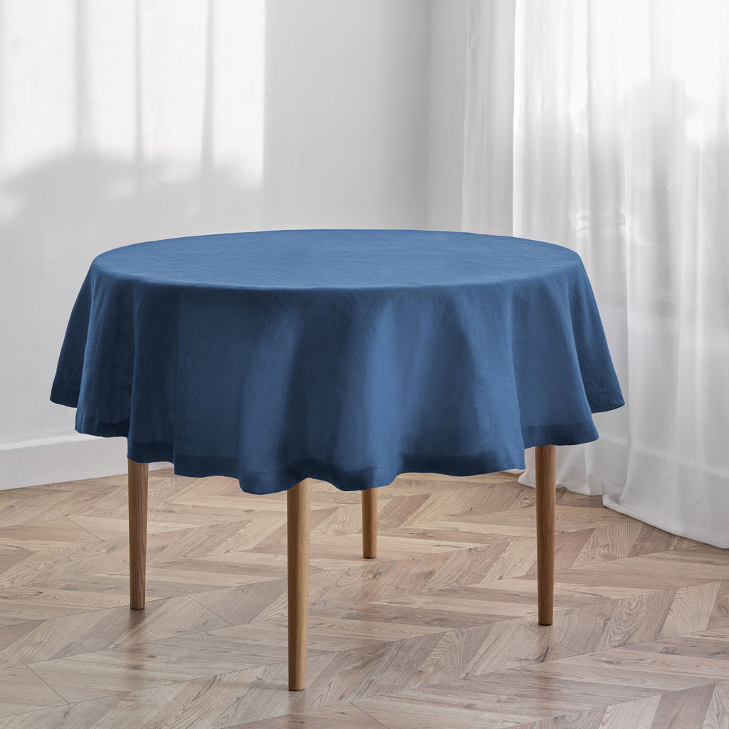 Indigo Blue Linen Round Tablecloth
