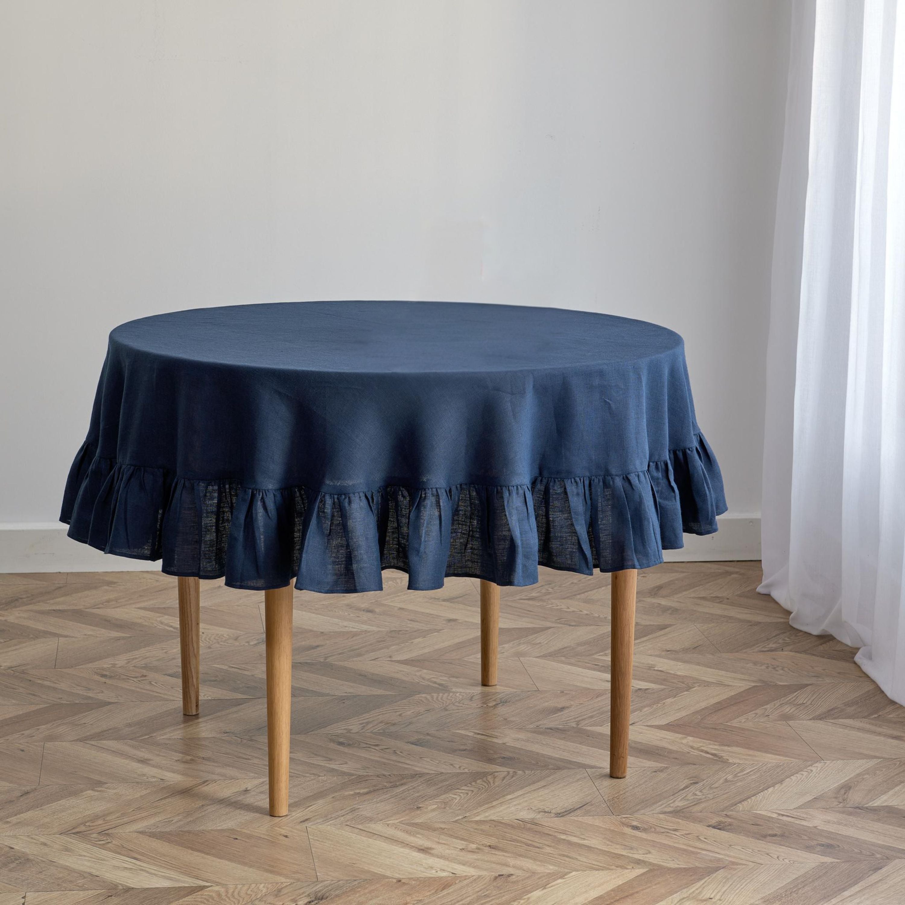 Navy Blue Linen Round Tablecloth with Ruffles
