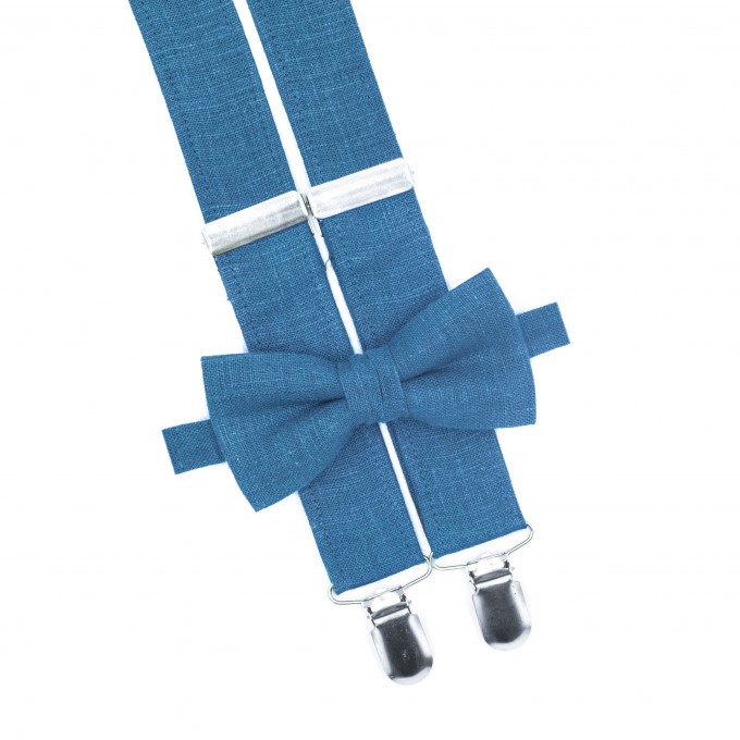 Linen steel blue tie and suspenders