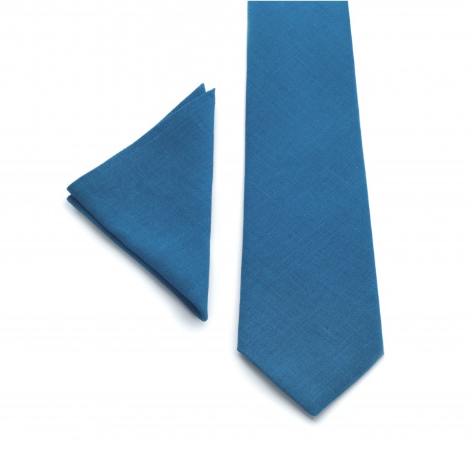 Linen steel blue tie and suspenders