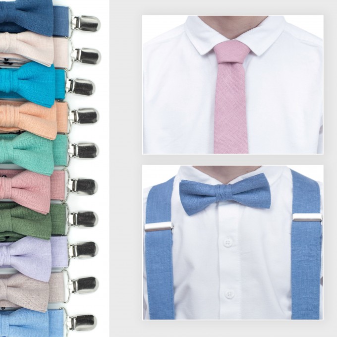 Linen dusty blue bow tie and suspenders